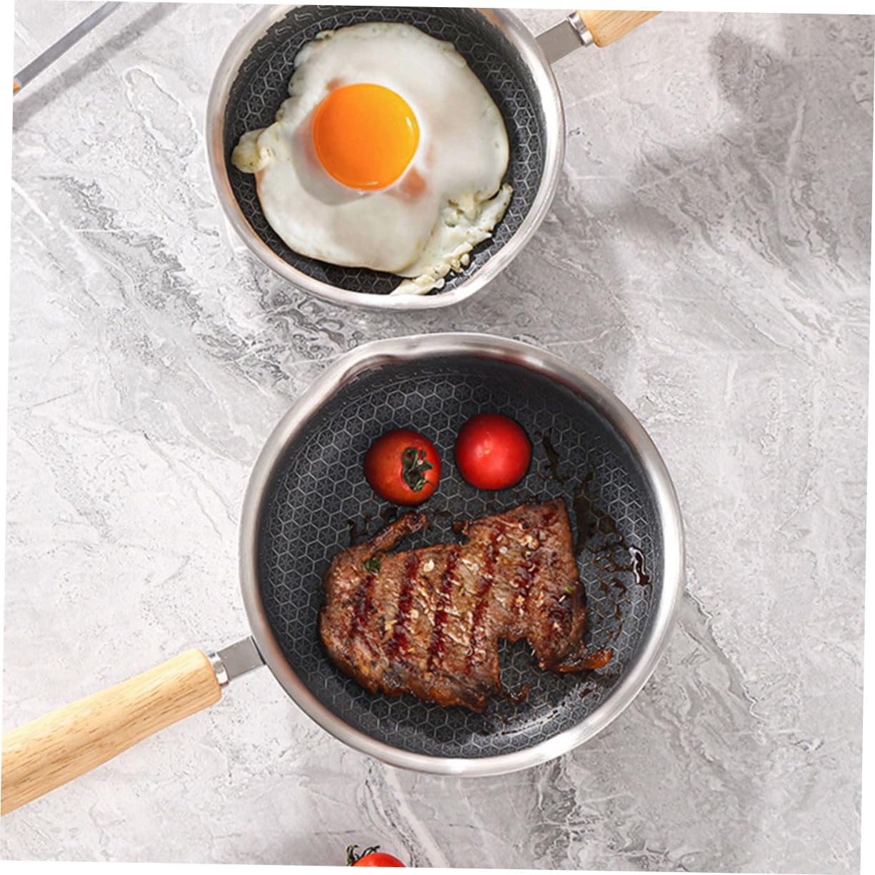 iplusmile Padella Antiaderente in Acciaio Inossidabile Con Manico in Legno Fondo Piatto e Rivestimento a Nido D'alveare Per Fritture Leggere Adatta Piani Induzione Gas Ed Elettrici Per Uova