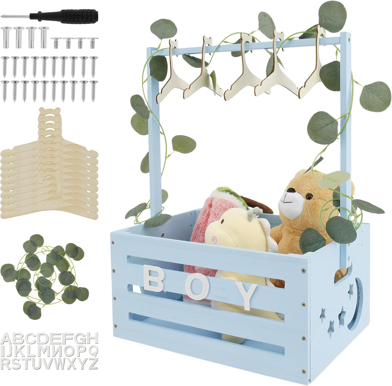 Baby Shower Crate Closet, Wooden Baby Shower Basket with Handle, Large Capacity, Sky Blue