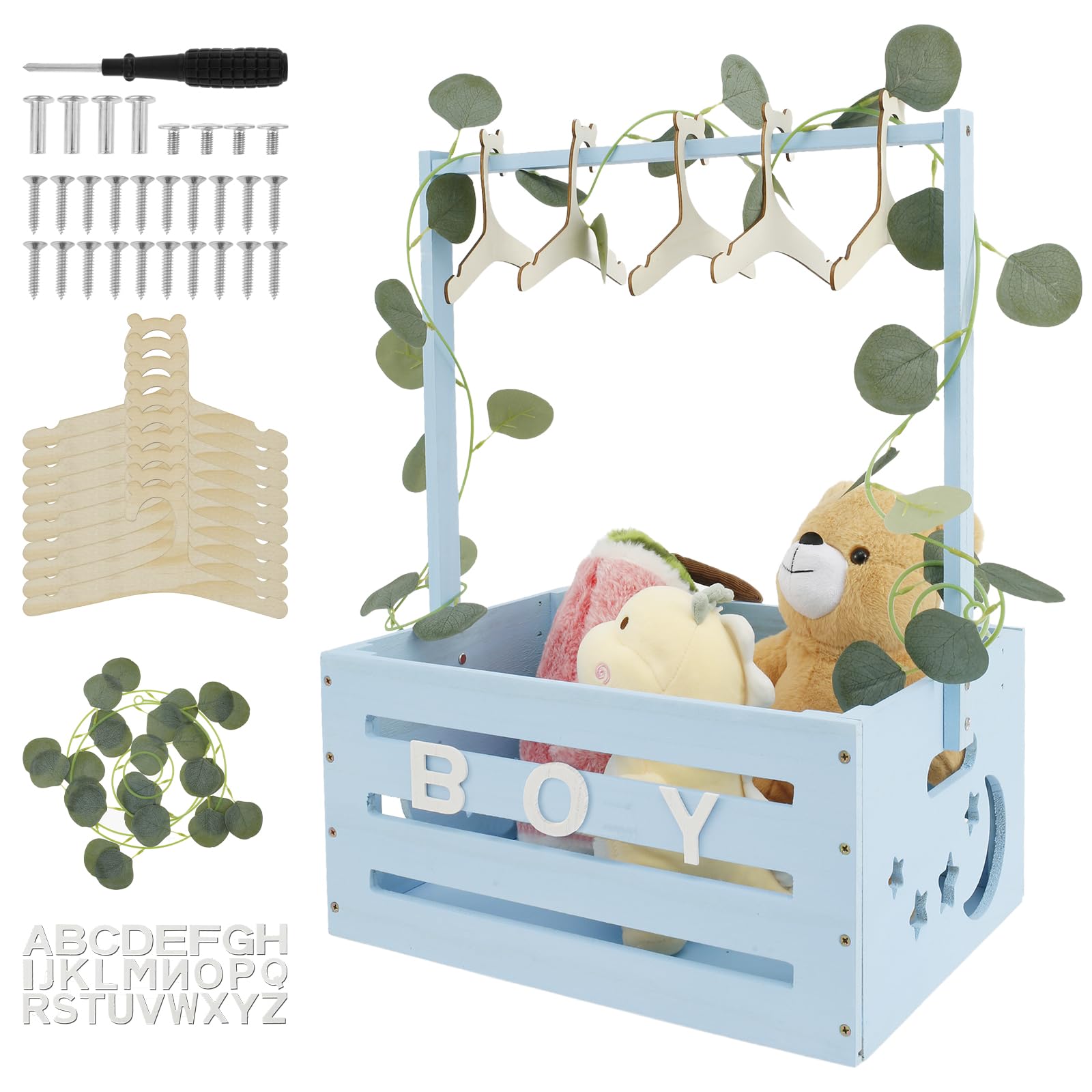 Rhaiqbvc Blue Wooden Baby Shower Crate Closet With Handle Smooth Wood Baby Shower Basket With 10 Hangers & Green Garland Large Capacity Baby Storage Crate Hamper For Baby Shower Pregnancy New Parent Gifts (Blue)