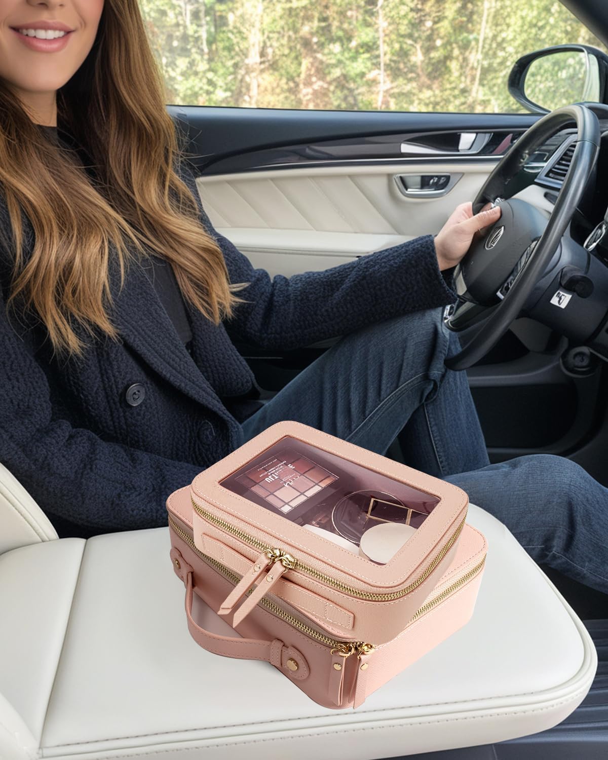 Clear Makeup Bag Set for Women, Transparent Travel Cosmetic Case Portable Skincare Toiletry Bag with Zipper Waterproof Makeup Pouch Car Organizers Car Accessories for Essentials (Dual Dark Pink)