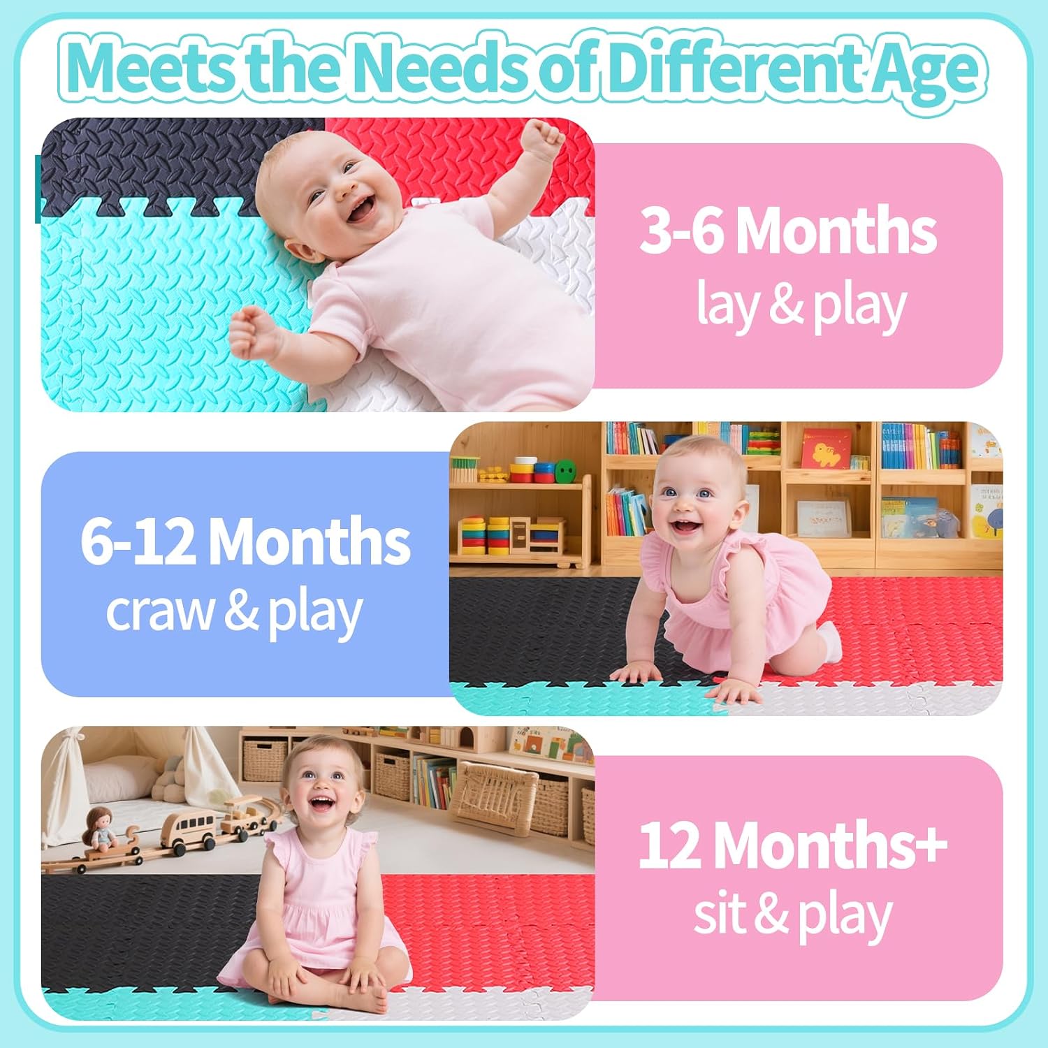 Coolcandy Baby Foam Play Mat 16Pcs with Edge Strips, 4 Colors Interlocking Floor Tiles, 0.4″ Thickened Non-Slip Puzzle Floor Mat for Infants Toddlers Playroom & Daycare