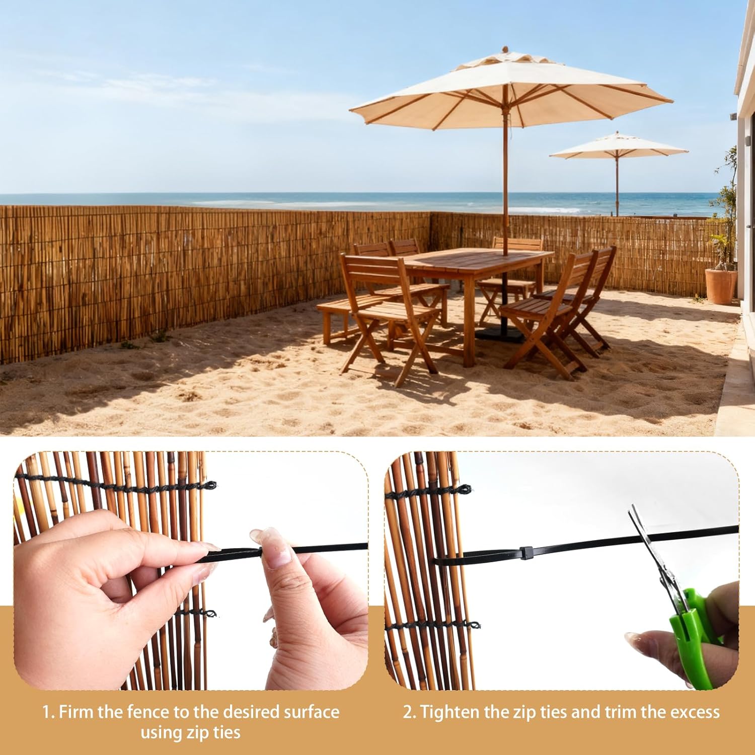 2 Pcs Natural Reed Bamboo Fencing Roll with 300 Pcs Multicolor Nylon Cable Ties Cord 3.3 ft x 13.3 ft Bamboo Privacy Screen Curtain for Indoor Outdoor Window Balcony Garden(Dark Brown)