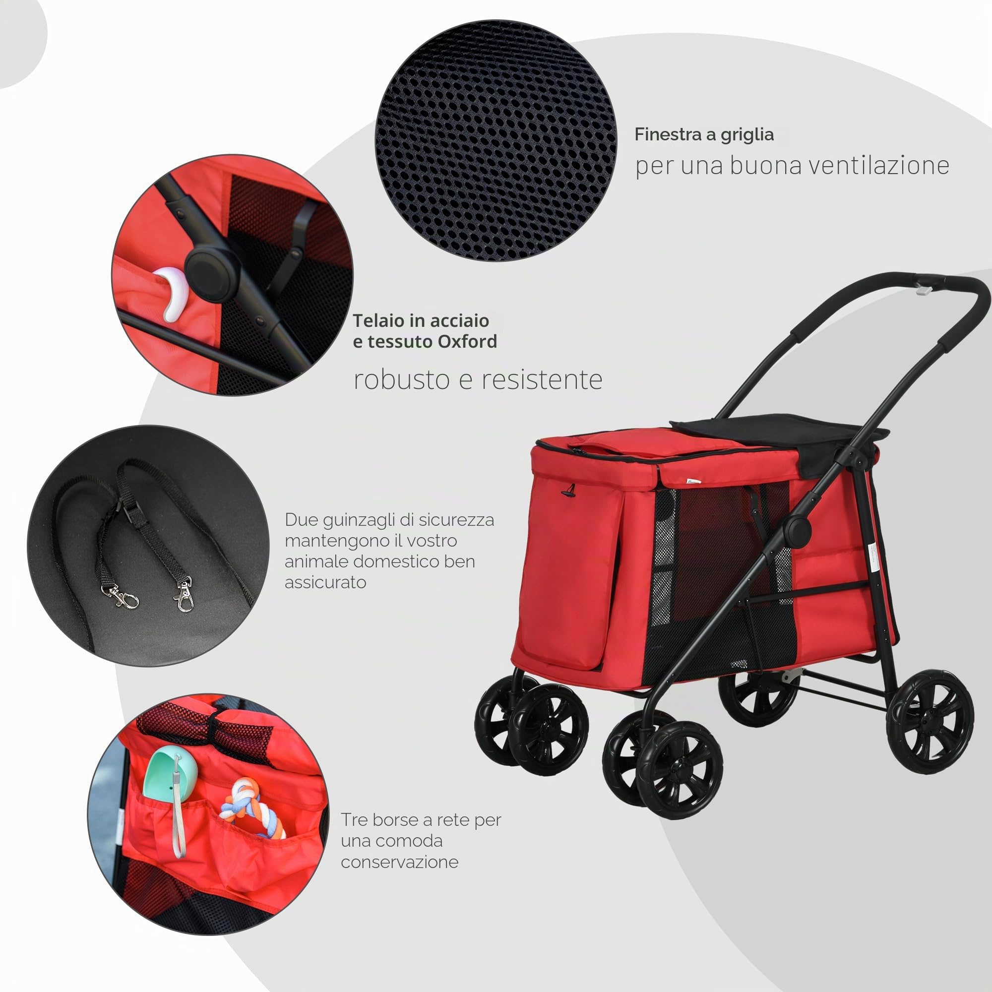 PawHut Carrozzina pieghevole per cani gatti cuscino incluso ruote con freno tessuto 600D Oxford acciaio 102 x 62 x 105 cm rosso