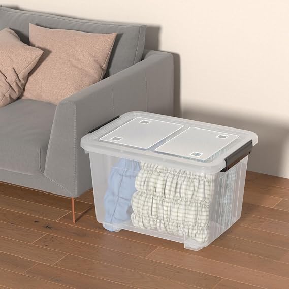 50 Quart Large Plastic Latching Box with Lid, Clear Storage Bin with Wheels, Stackable, 4 Packs