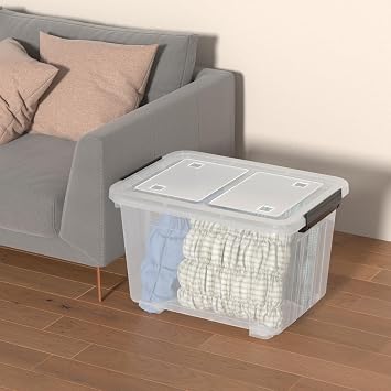 50 Quart Large Plastic Latching Box with Lid, Clear Storage Bin with Wheels, Stackable, 4 Packs