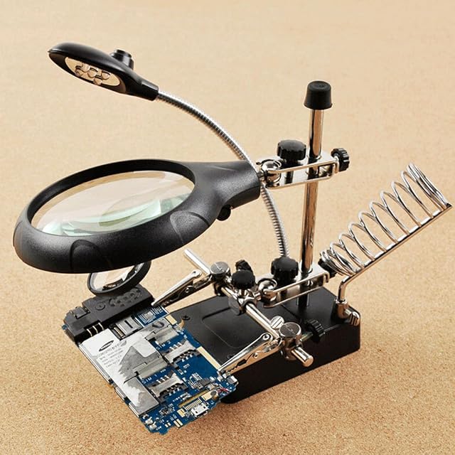 iKKEGOL DC/AC110-220V 5 LED 2 Lens Auxiliary Alligator Clip Magnifier Third Hand Soldering Solder iron stand