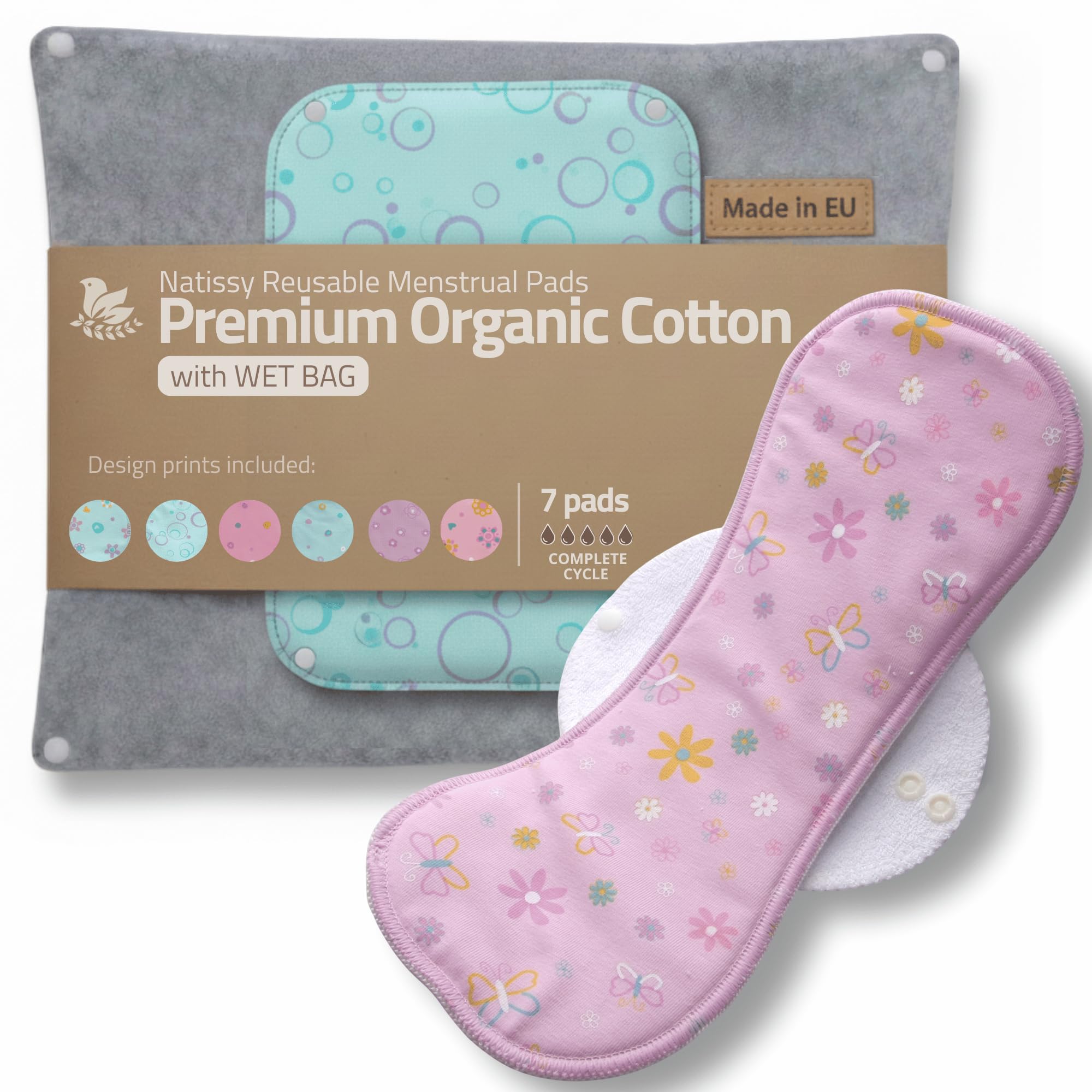 Compresas reutilizables en algodón orgánico para flujo menstrual ligero y abundante (S+M+L+XL, 7 uds); lavables a alta T°, HECHAS EN LA UE; suaves, no irritantes y cómodas, compresas tela para mujeres — view 10
