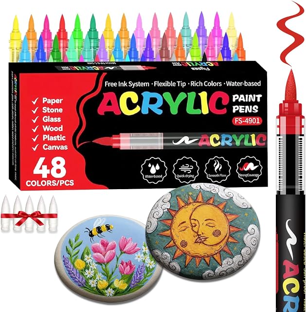 48 Colors Acrylic Paint Markers, Soft Brush Tip Acrylic Paint Pens, Quick-Drying Waterproof Markers for Canvas, Rock, Wood, Stone, Glass, Ceramic, Fabric Painting (5 Extra Nibs)