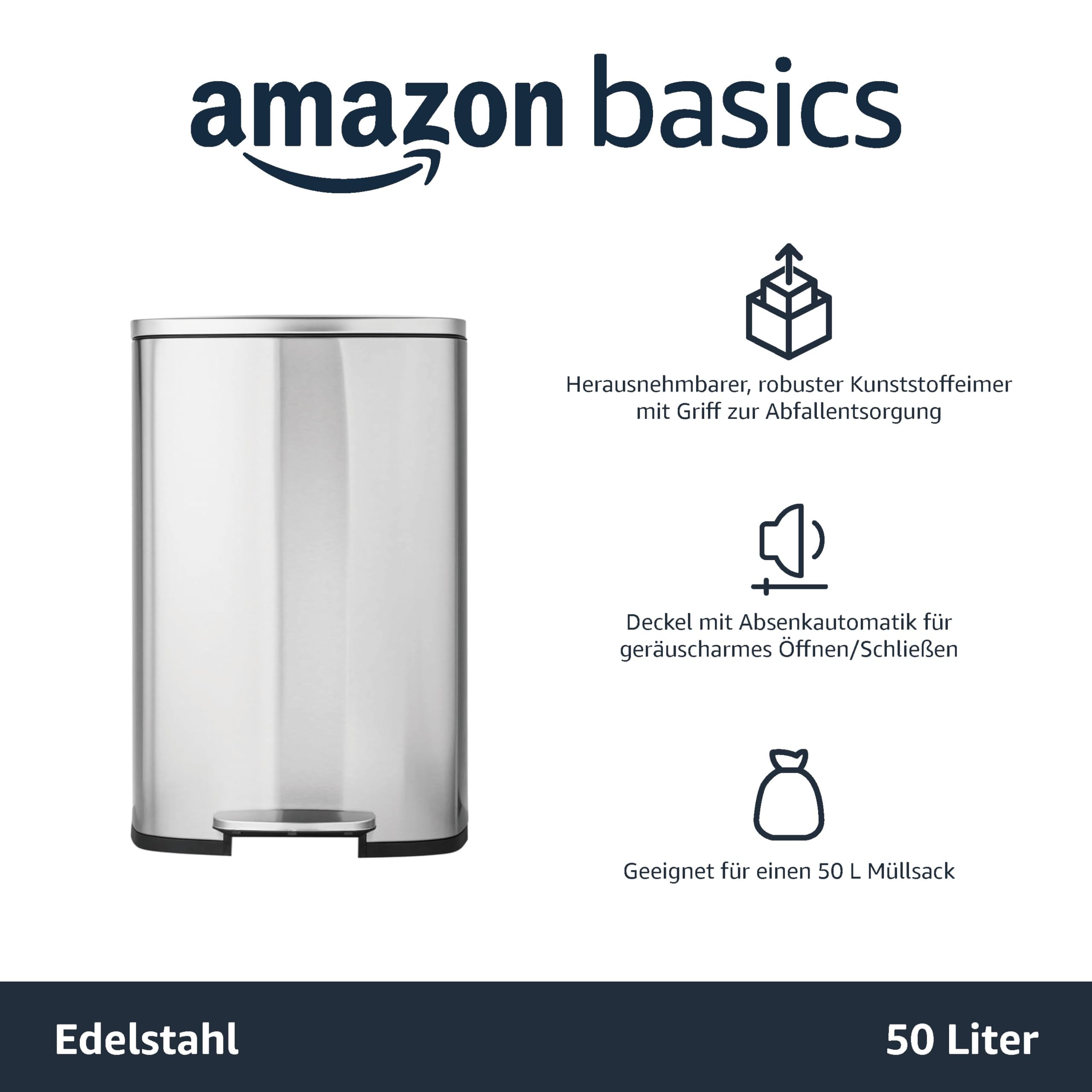 Amazon Basics Rechteckig 50 l Mülleimer für die Küche mit Stahlrohrpedal - Sanft Schließend mit Deckel, für Küche, Bad oder Büro, 13.2 gallons, Satiniertes Nickel