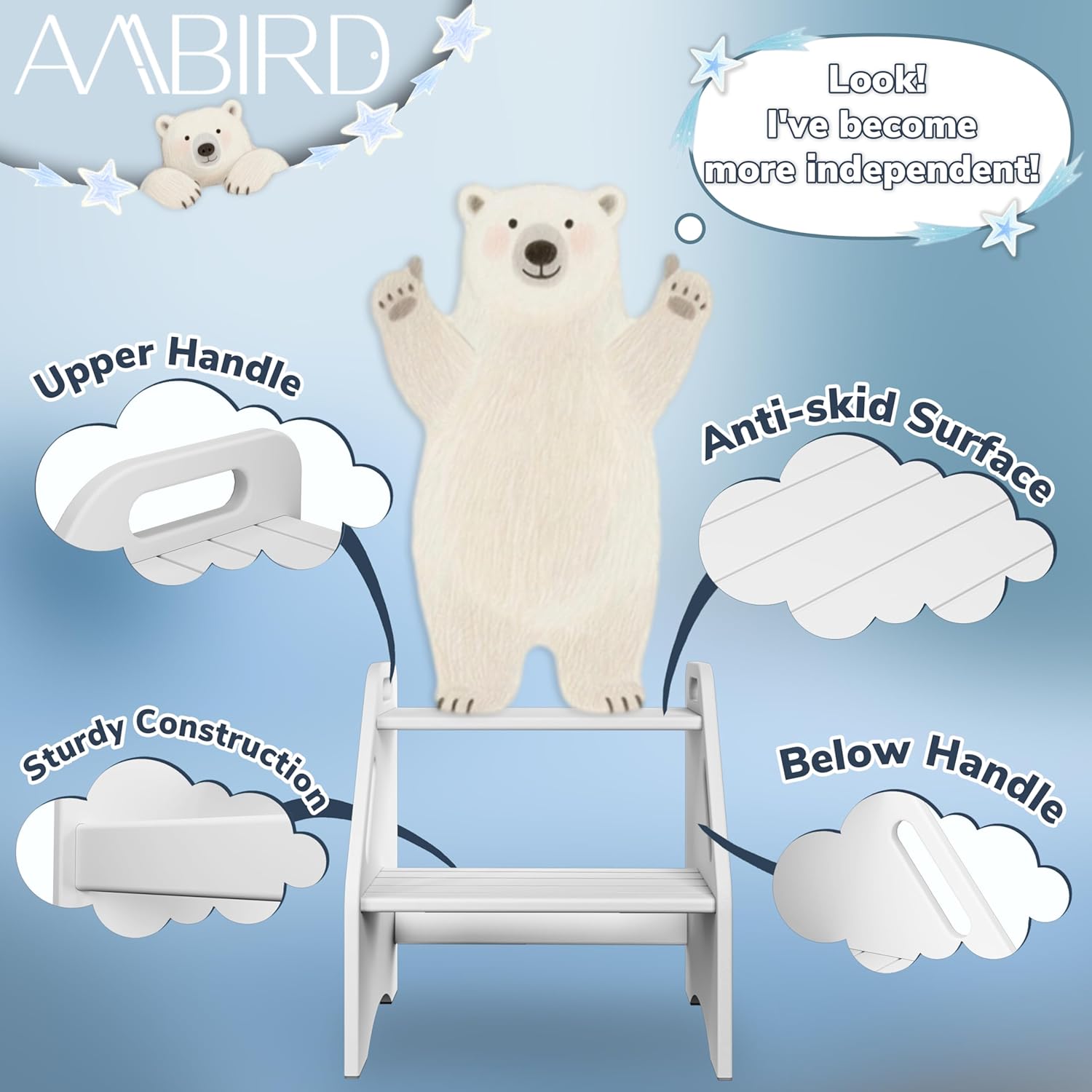 AMBIRD Wooden Step Stool, 15.75'' H 300 lbs Capacity with Safety Non-Slip Pads and Handles, Kitchen Step Stools, Bamboo Step Stool for Bathroom, High Beds (White)