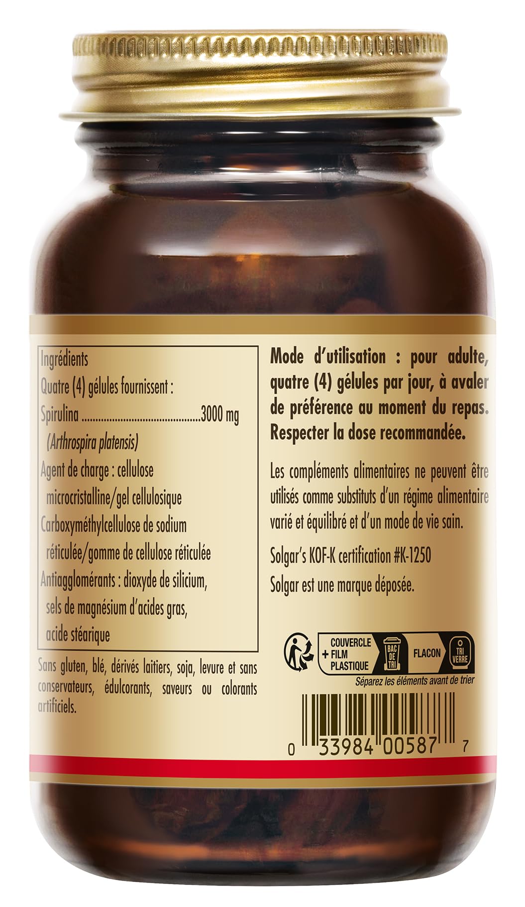 Solgar Spiruline - Tonus et Vitalité - Haute qualité - Défenses naturelles - Vegan - Riche en Protéines - Complément Alimentaire - Flacon de 80 gélules