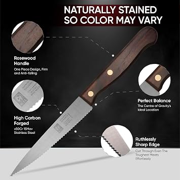 ICEL Steak Knives Serrated Steak Knife with Pointed Tip Serrated Knife with High Carbon Steel Blade and Rosewood Handle Kitchen Knives for Party, Restaurant, Dinner