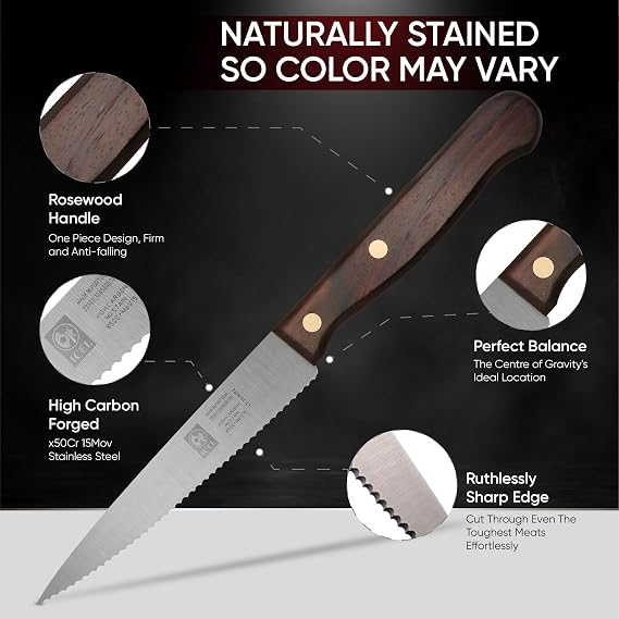 ICEL Steak Knives Serrated Steak Knife with Pointed Tip Serrated Knife with High Carbon Steel Blade and Rosewood Handle Kitchen Knives for Party, Restaurant, Dinner