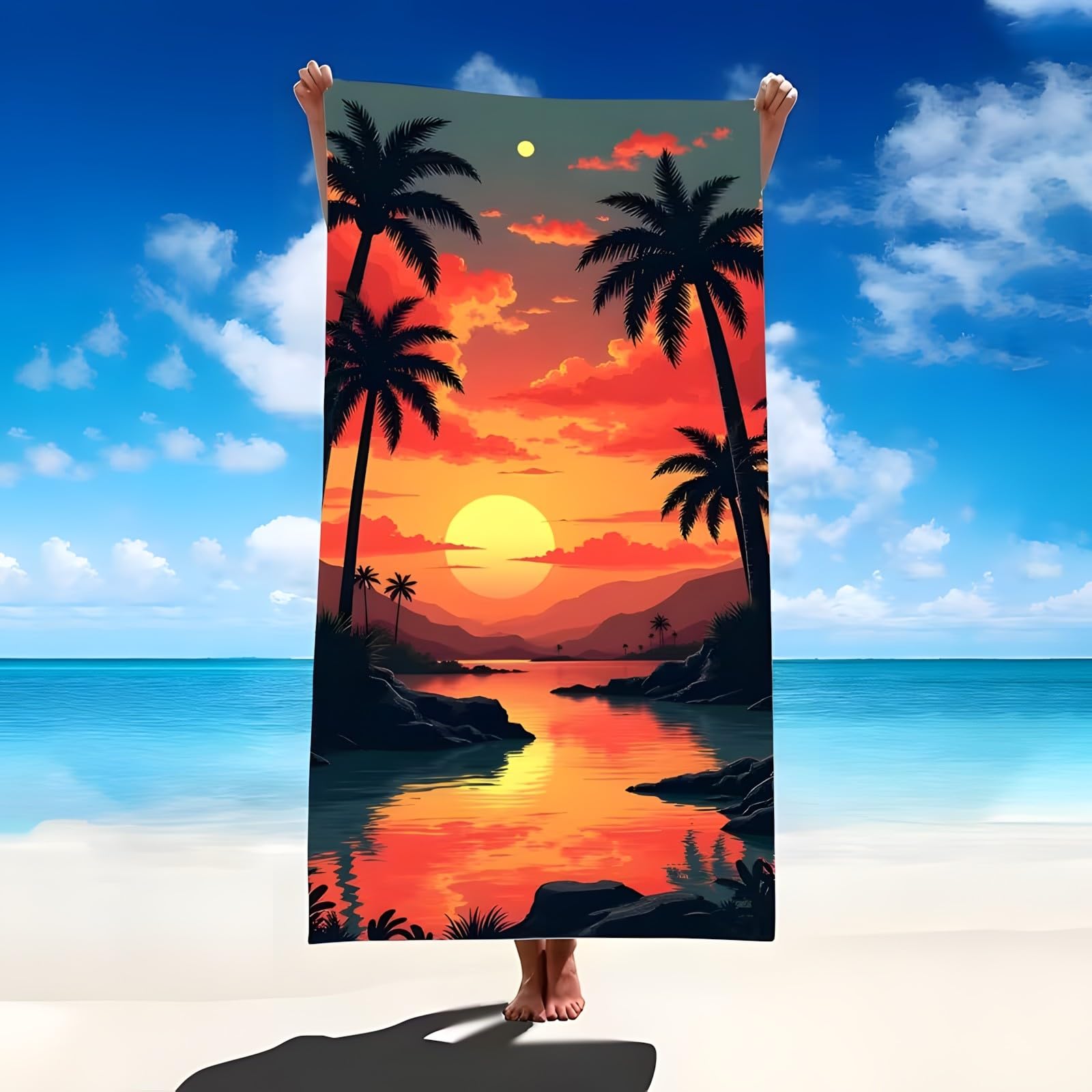 YZQGLHP Coconut Palm Microfibre Beach Towel Sunset Beach Bath Towel Quick Drying, Lightweight, Sand-Free, Durable, for Pool, Gym, Camping, Travel Towel 90x200cm