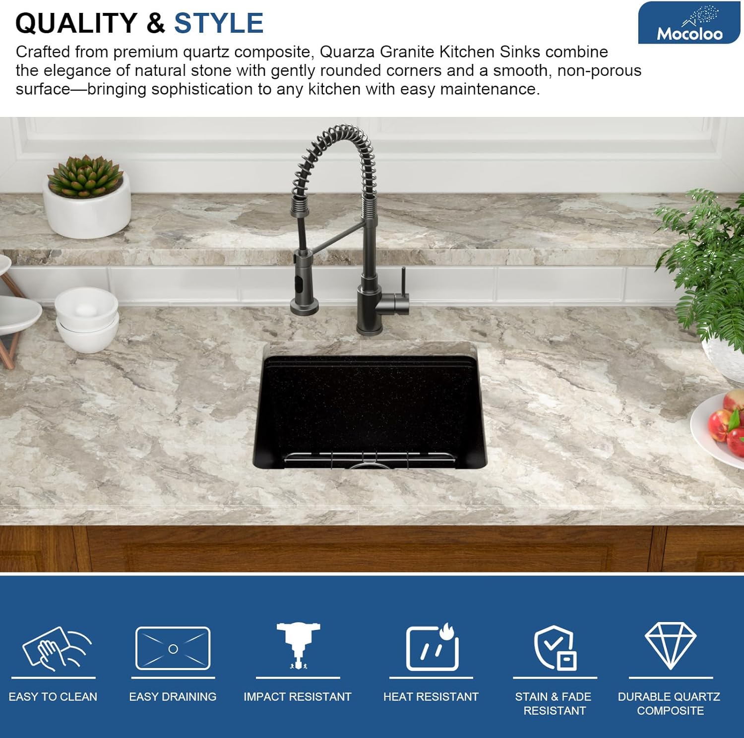 Mocoloo 18 Inch Undermount Granite Composite Bar Sink - 18 x 18 Matte Black Ledge Workstation Kitchen Sinks, Composite Quartz Single Bowl Under Counter Bar Prep Rv Sink Basin