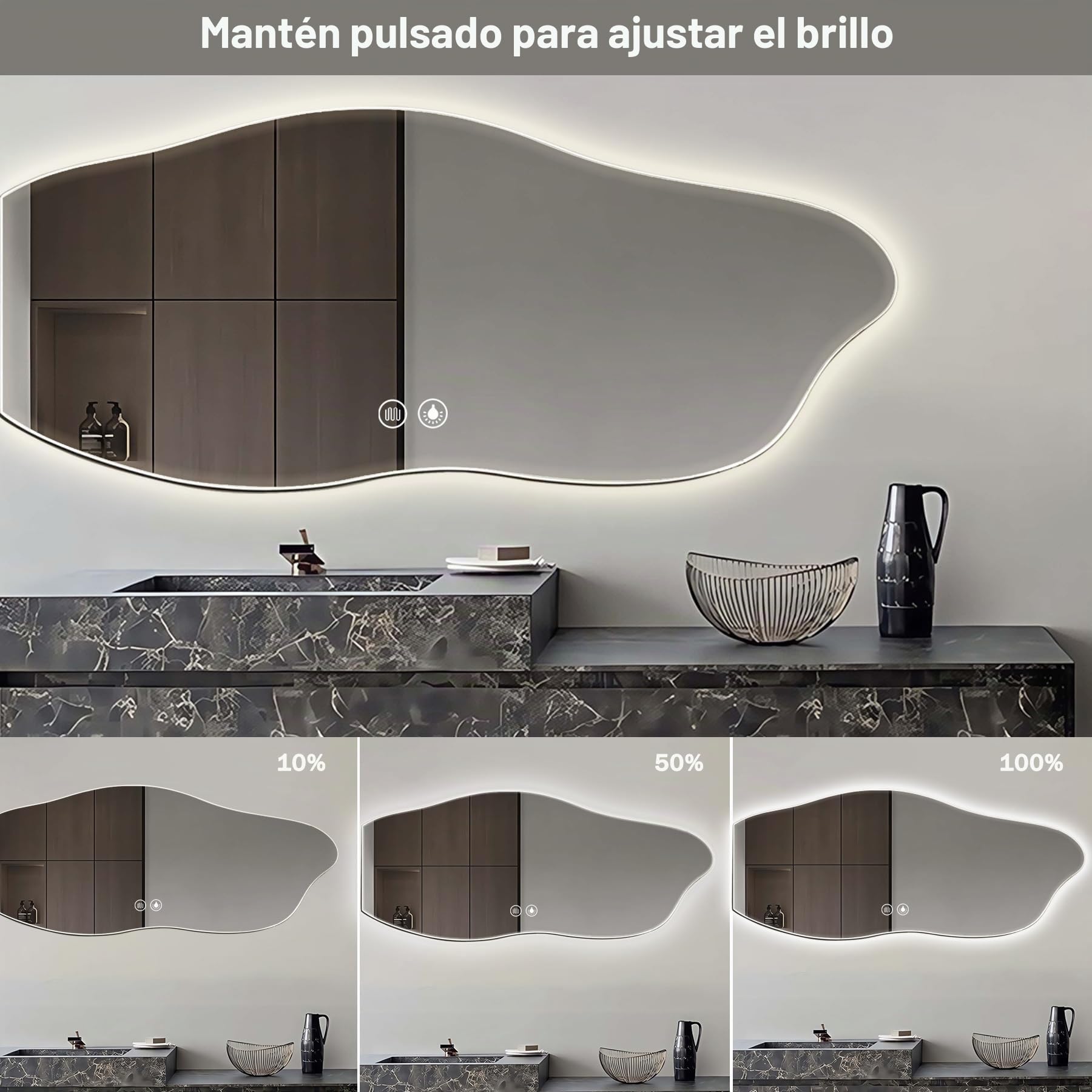 Espejo Baño con Luz 100 × 60cm Espejo LED Baño con Memoria, Función Antivaho, 3000K/4000K/6500K, Regulable, Cristal Templado HD, IP54 Espejos de Baño con LED,Espejo Inteligente(100×60CM)