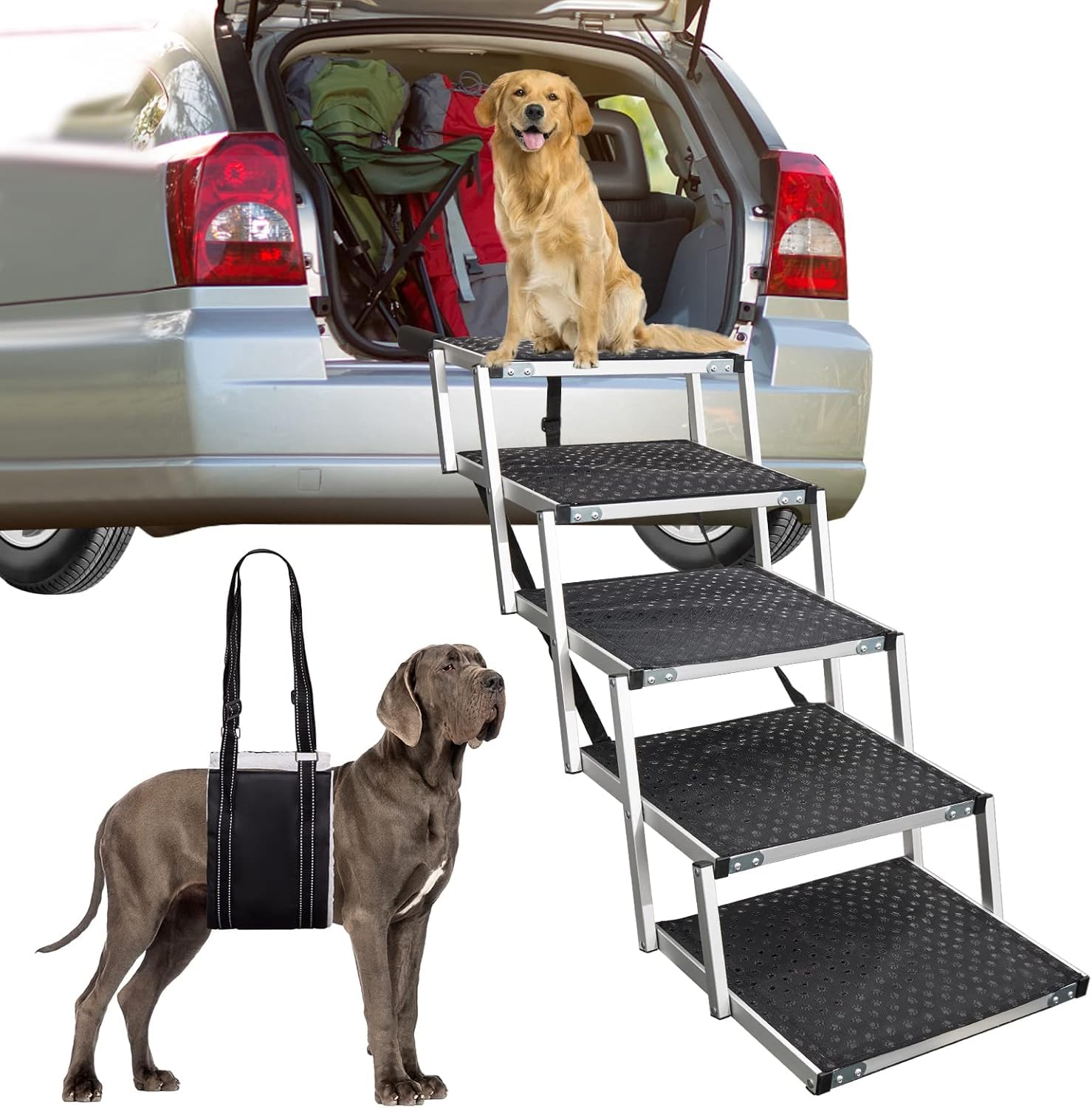 Hundetreppe Auto, Hunderampe Auto klappbar, Haustiertreppe mit Hundeliftgeschirr, 5 Stufen Hundetreppe Große Hunde bis 80kg, Rampe Hunde Treppe für die Für Kleine, Mittlere, Große