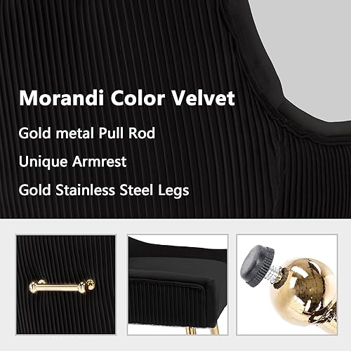 Miniatura 4 de Juego de 2 sillas de comedor modernas con patas de metal dorado, silla de cocina tapizada de terciopelo, respaldo plisado, silla decorativa de