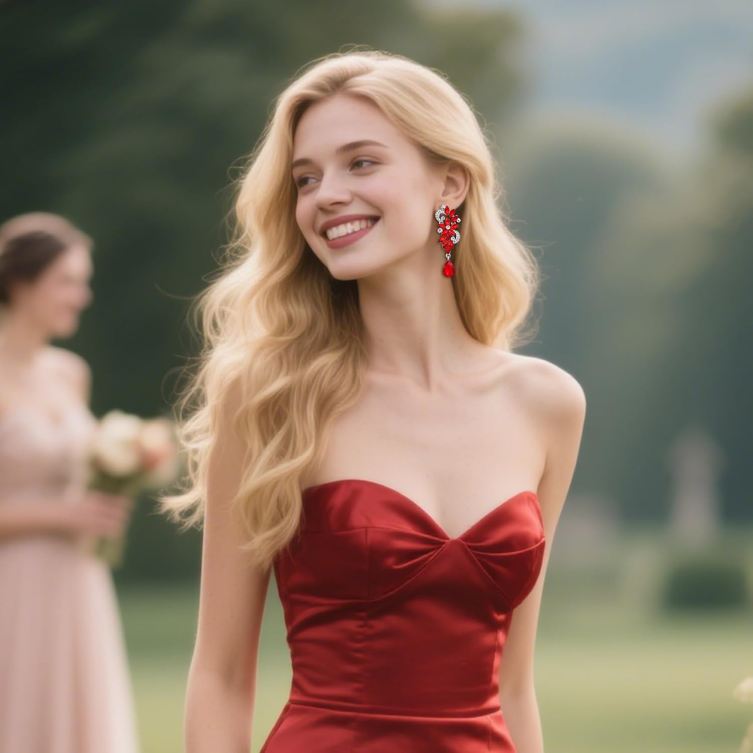 BriLove Women's Bohemian Boho Crystal Flower Wedding Bridal Chandelier Teardrop Bling Dangle Earrings - Image 2