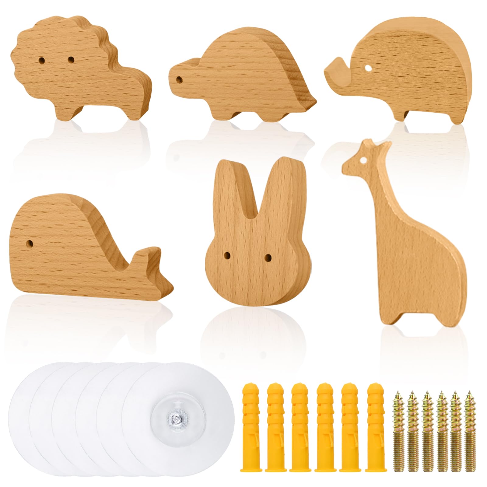 Rierousy 6 Piezas Pomos Madera con Forma de Animal, Tirador de Muebles de Madera, Tiradores Infantiles, Tiradores Cajones, Tiradores Muebles con Tornillos