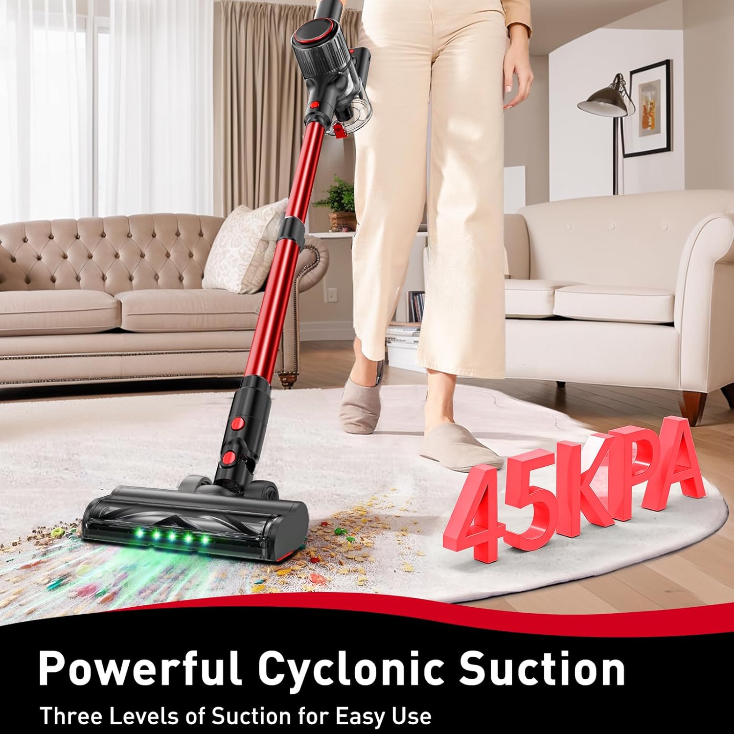 Cordless Vacuum Cleaner, 45KPA 8-in-1 Vacuum Cleaners for Home, 45Mins Runtime, Anti-Tangle Stick Vacuum with LED Display, Rechargeable Lightweight Vacuum for Pet Hair/Carpet/Floor (Red)