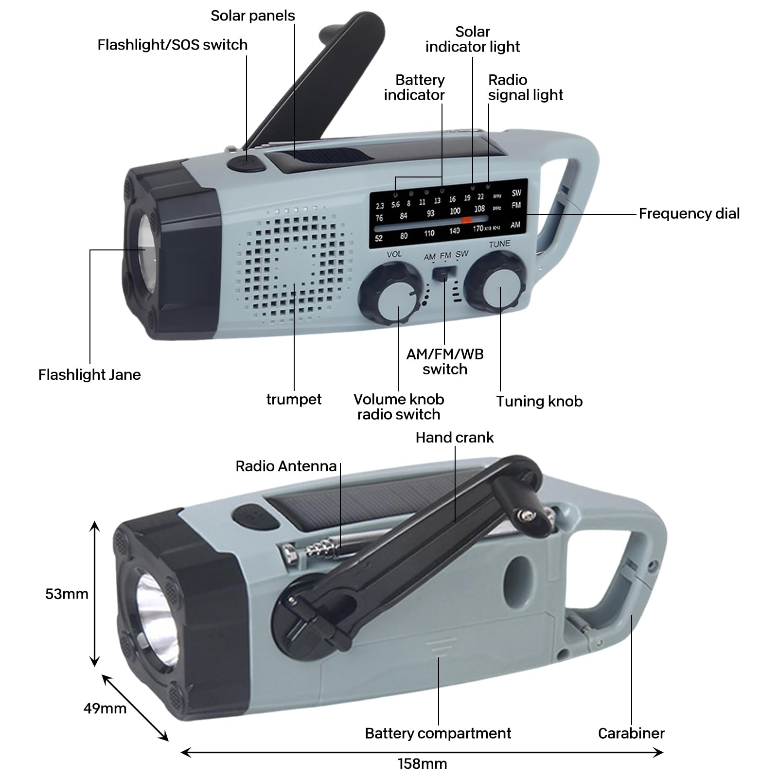 Radio de manivela, 2000 mAh, radio de emergencia con manivela y solar AM/FM/SW Radio con alarma SOS, 3 vías de carga, radios de emergencia, interior y exterior, camping, banco de energía, manivela