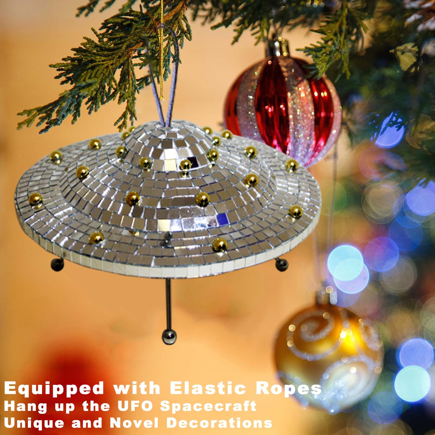 Disco Ball with Elastic Rope UFO Spaceship Mirror Reflective Decorations UFO Space Art Crafts Creative Disco Mirror Ball Handmade Gifts Funny Christmas Decorations(9 * 5INCH) - Image 4