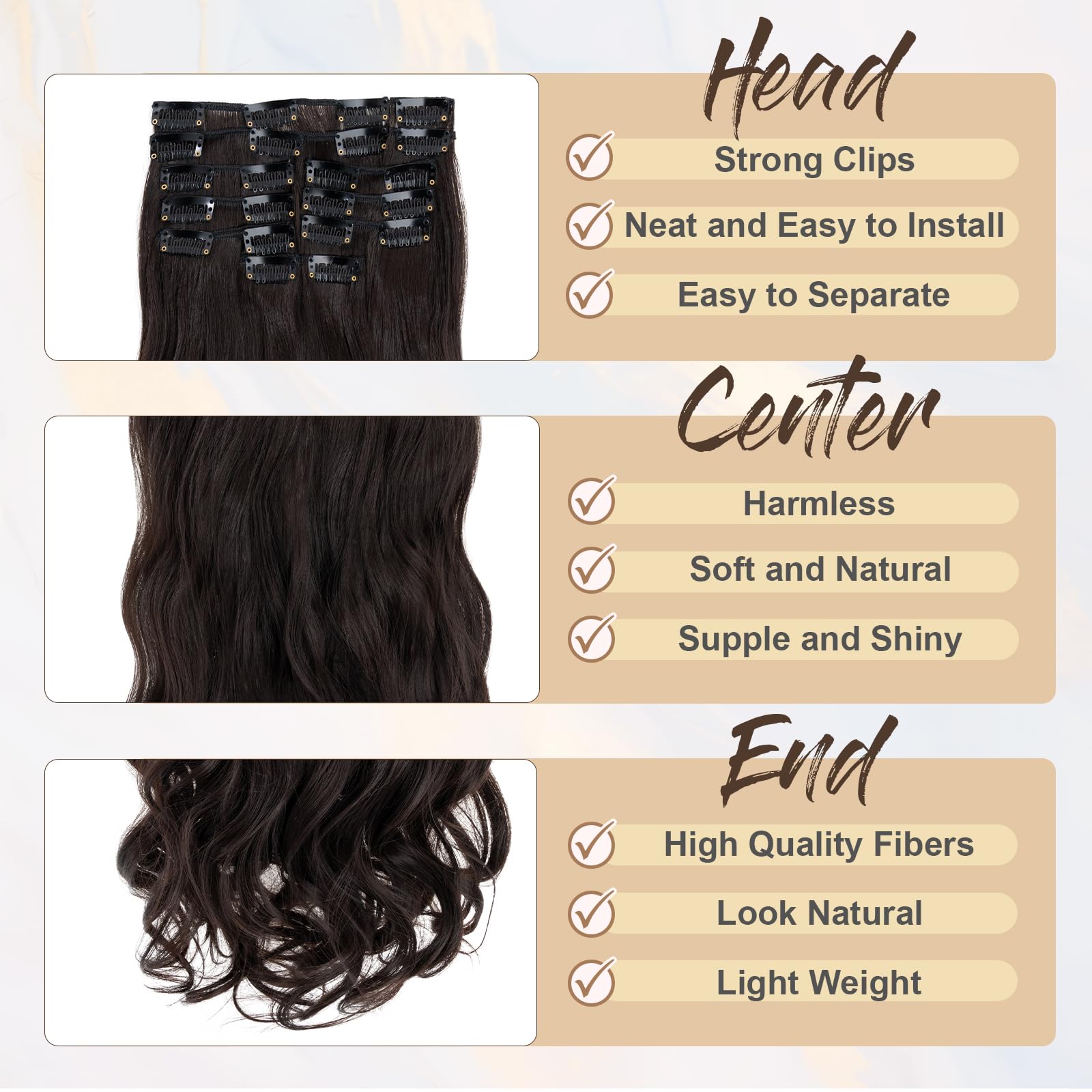 Benehair 22" Clip in Hair Extensions 12 Pcs Long Curly Wave Hair Extensions Clip in Full Head Synthetic Fiber Dark Brown Hair Piece for Women Girls(Dark Brown - Image 4