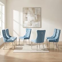 OVENTA Modern Tufted Upholstered Dining Chairs Set of 6, Light Blue Velvet Dining Room Chair with Metal Legs, Sillas de Comedor, Kitchen Chairs Light Blue Velvet, Silver Legs Set of 6