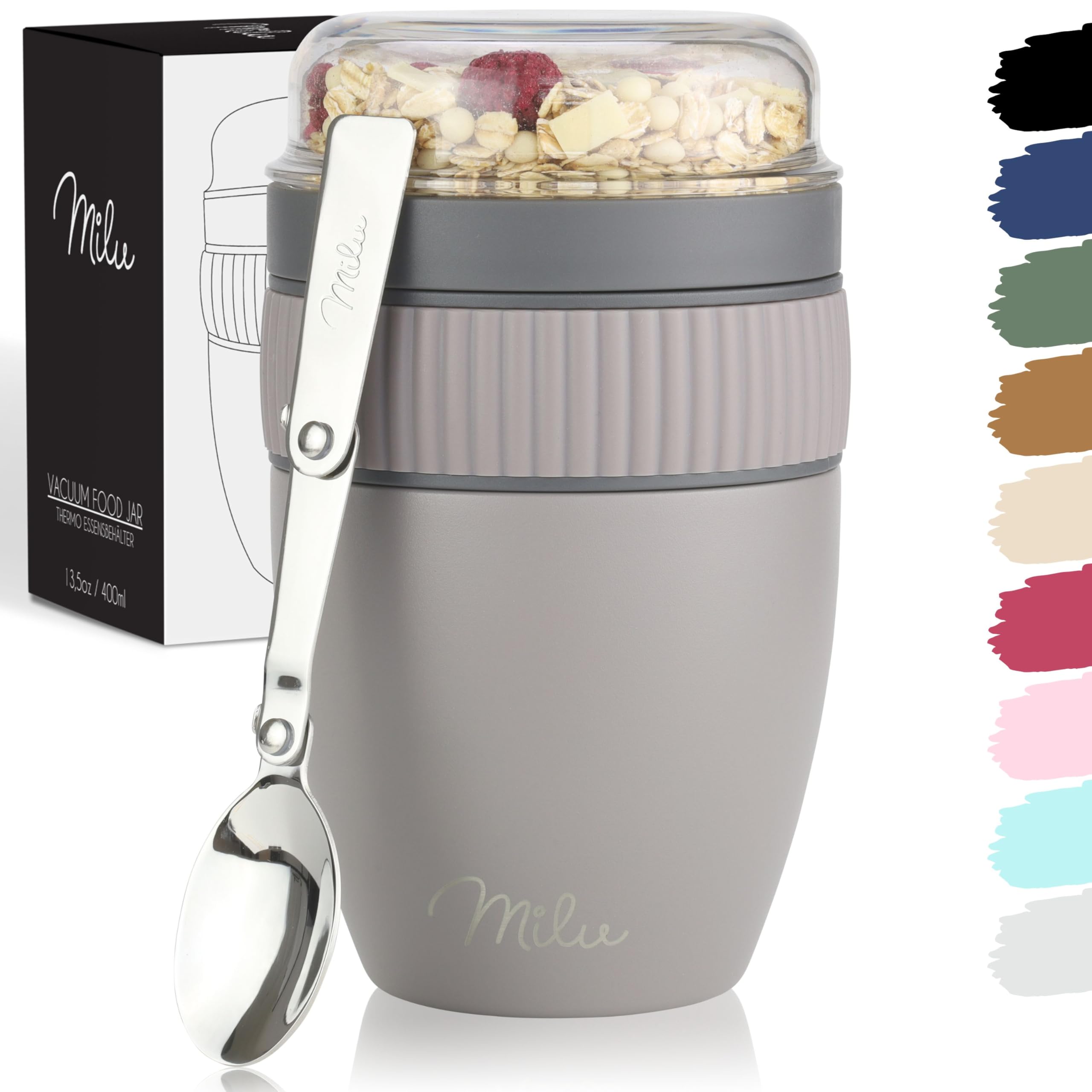 Milu Taupe Grey Cereal Cup To Go 400Ml I Insulated Yoghurt Cup For Muesli I Leak-Proof Cup With Spoon For Yoghurt/Porridge (Taupe Grey)