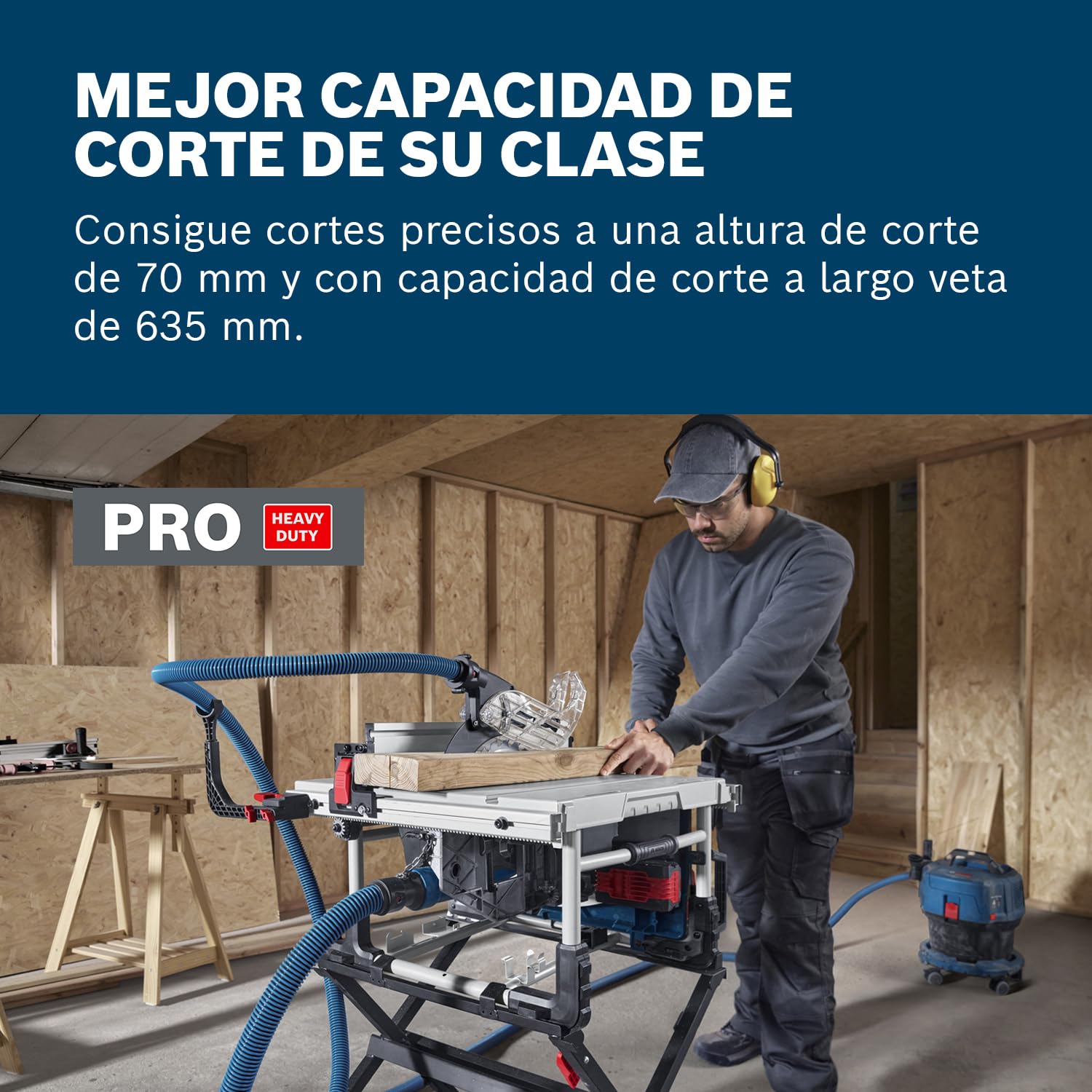 Bosch Professional Sierra de mesa a batería GTS 18V-70 (incl. hoja Optiline Wood, guía angular, brazo de empuje, llave de anillo, caperuza de aspiración, 2 adaptadores, riel de perfil)