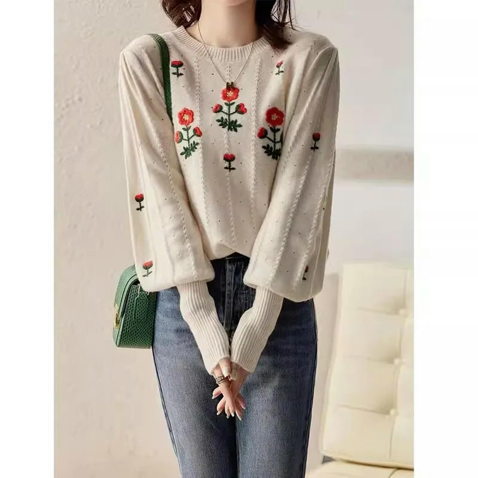 Sweter dla kobiet vintage dzianinowy sweter sweter damski rękaw latarnia okrągły dekolt dzianina topy eleganckie damskie skok