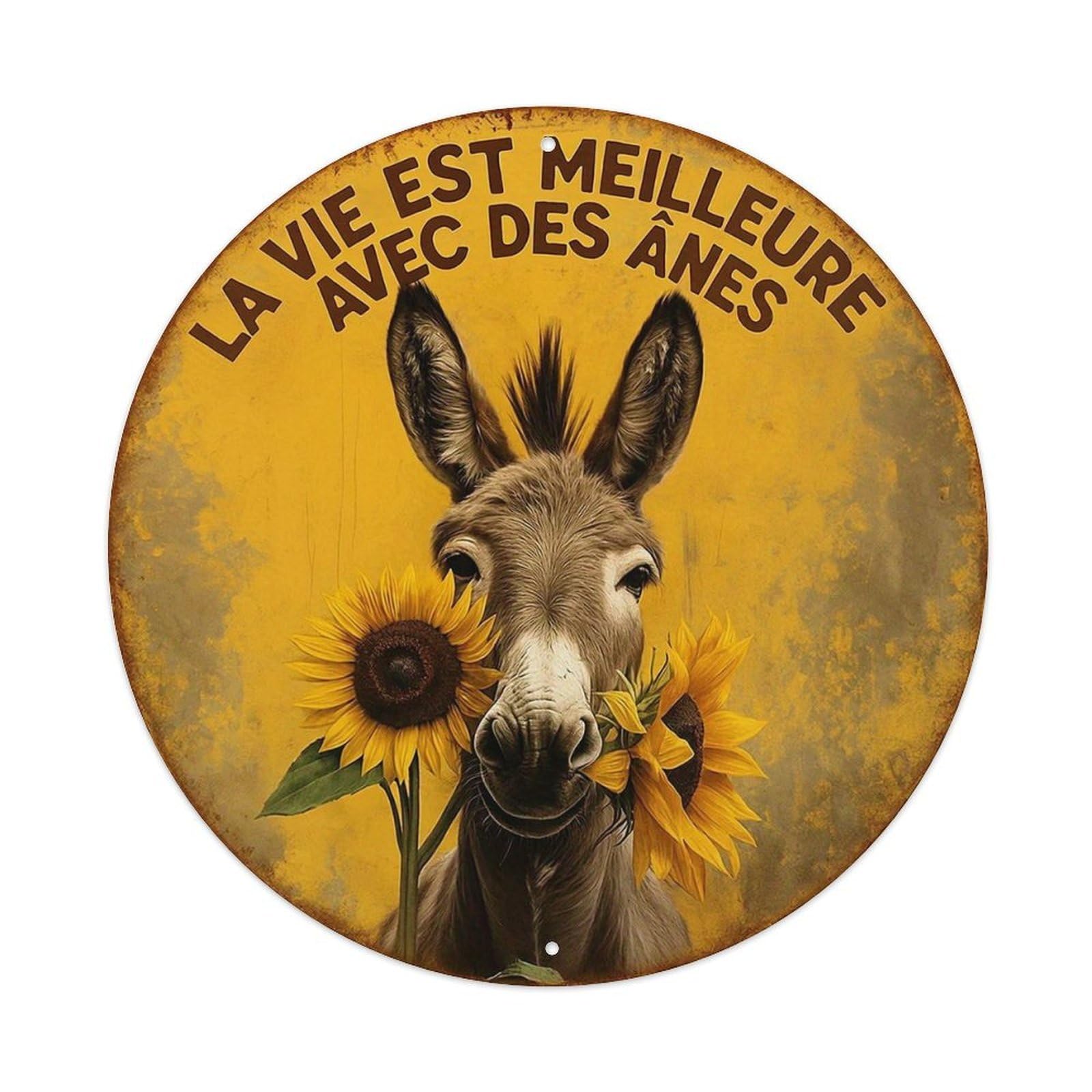 Donkey Sunflower Yellow Background Text Vintage Round Tin Sign Retro Metal Wall Decor Metal Poster, Home Bar Garage Cafe Wall Art Decoration 8x8Inches