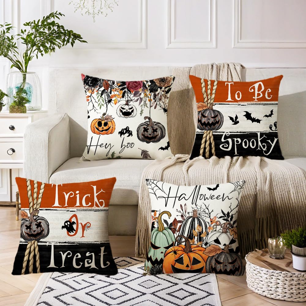 LSMIAO Halloween Throw Pillow Covers 18x18 inch, Set of 4, Decorative Fall Pumpkin Design, Hidden Zipper, 100% Polyester