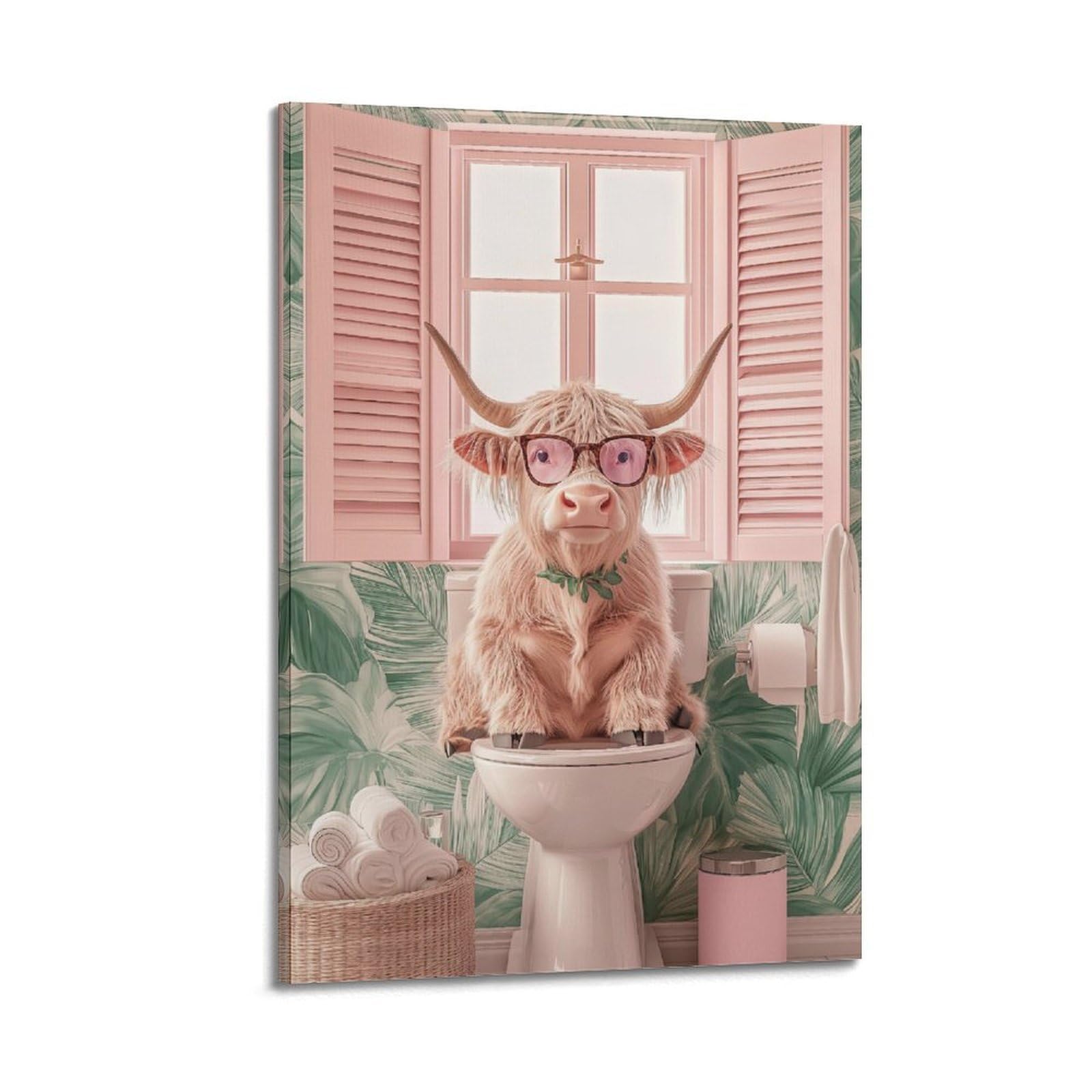 ESTE Highland Cow Toilette Pink Style Poster Decorative Painting Canvas Modern Art Picture 20x30inch(50x75cm)