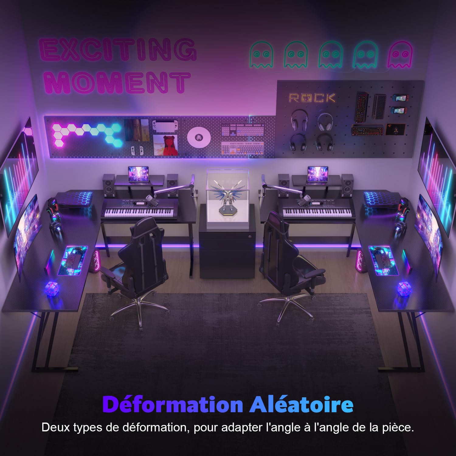 Devoko Bureau Gaming d'angle 150 x 130cm avec Support d'écran, Table Informatique en Coin,Bureau Gamer en Forme de L Table pour Etudier, Jouer et Travailler Carbon Noir