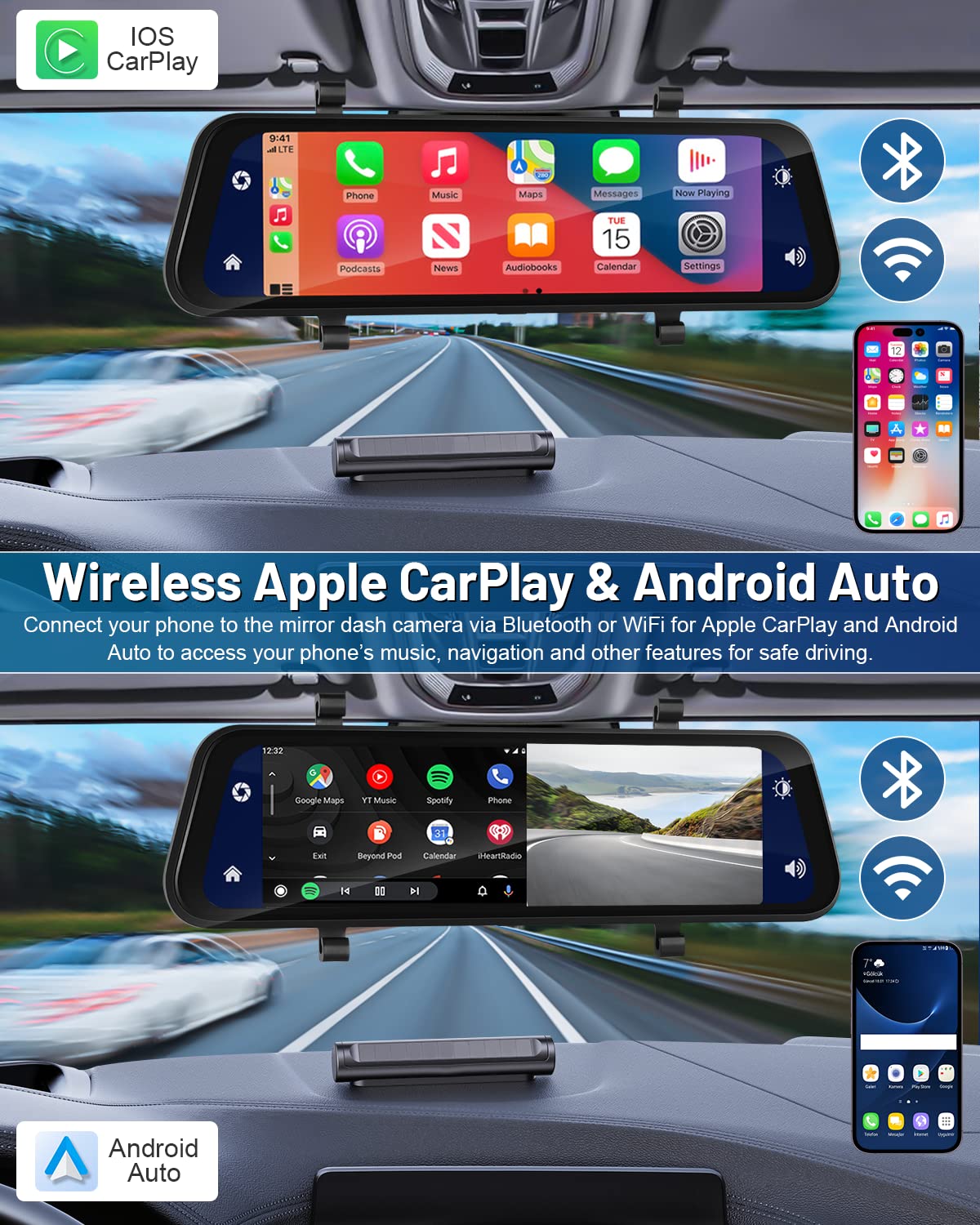 9.66'' Dashcam Cámara de Coche con Cámara Trasera con Carplay Android Auto, Control por Voz GPS Grabación en Bucle G-Sensor Monitor de Aparcamiento Super Visión Nocturna +Tarjeta SD 32G