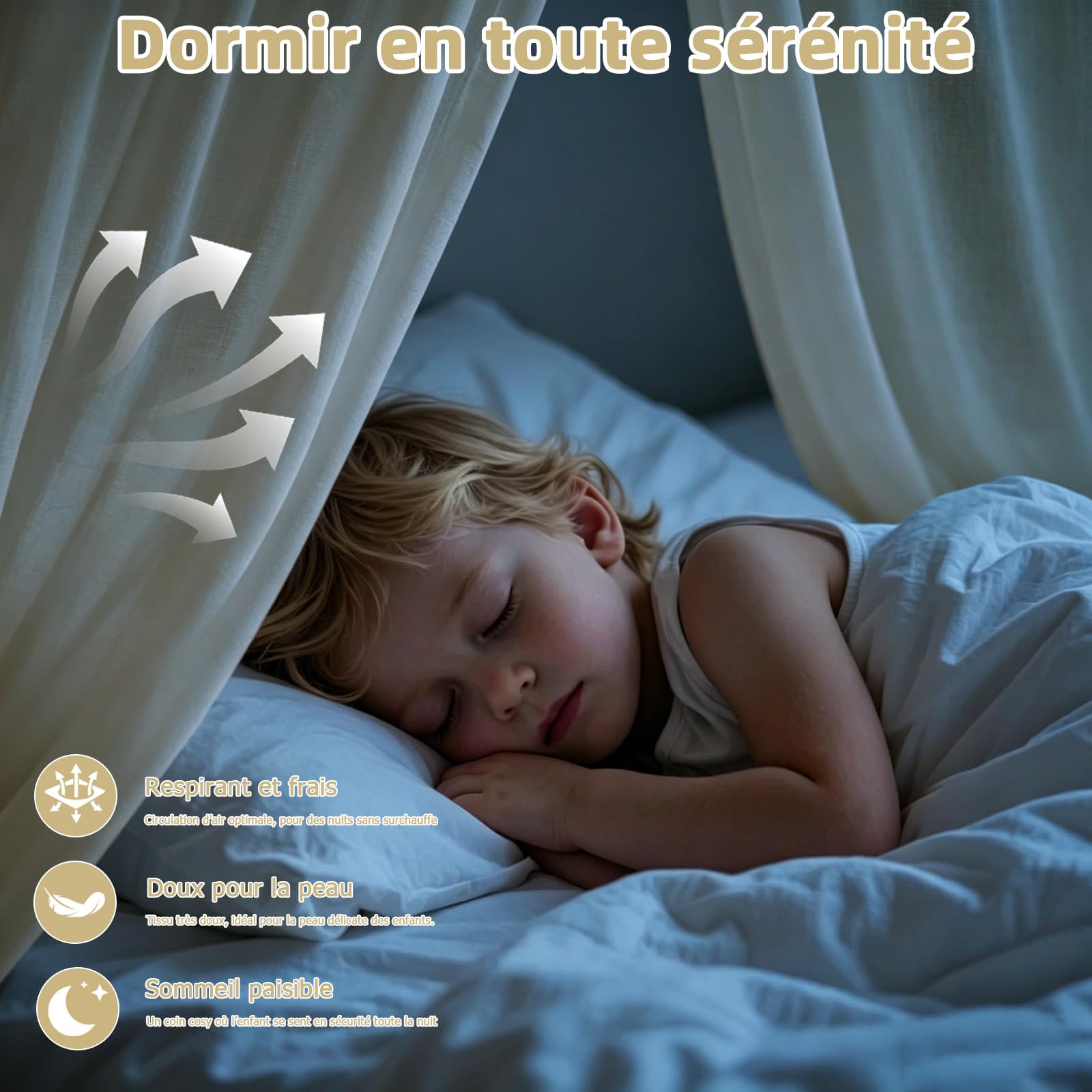 Lit Cabane Enfant, Ciel de Lit Cabane avec 1 Pièces Rideaux, Baldaquin Ciel en Tissu Doux Respirant, Ensemble de Décoration pour Chambre Fille Garçon (Beige, 145x360cm)