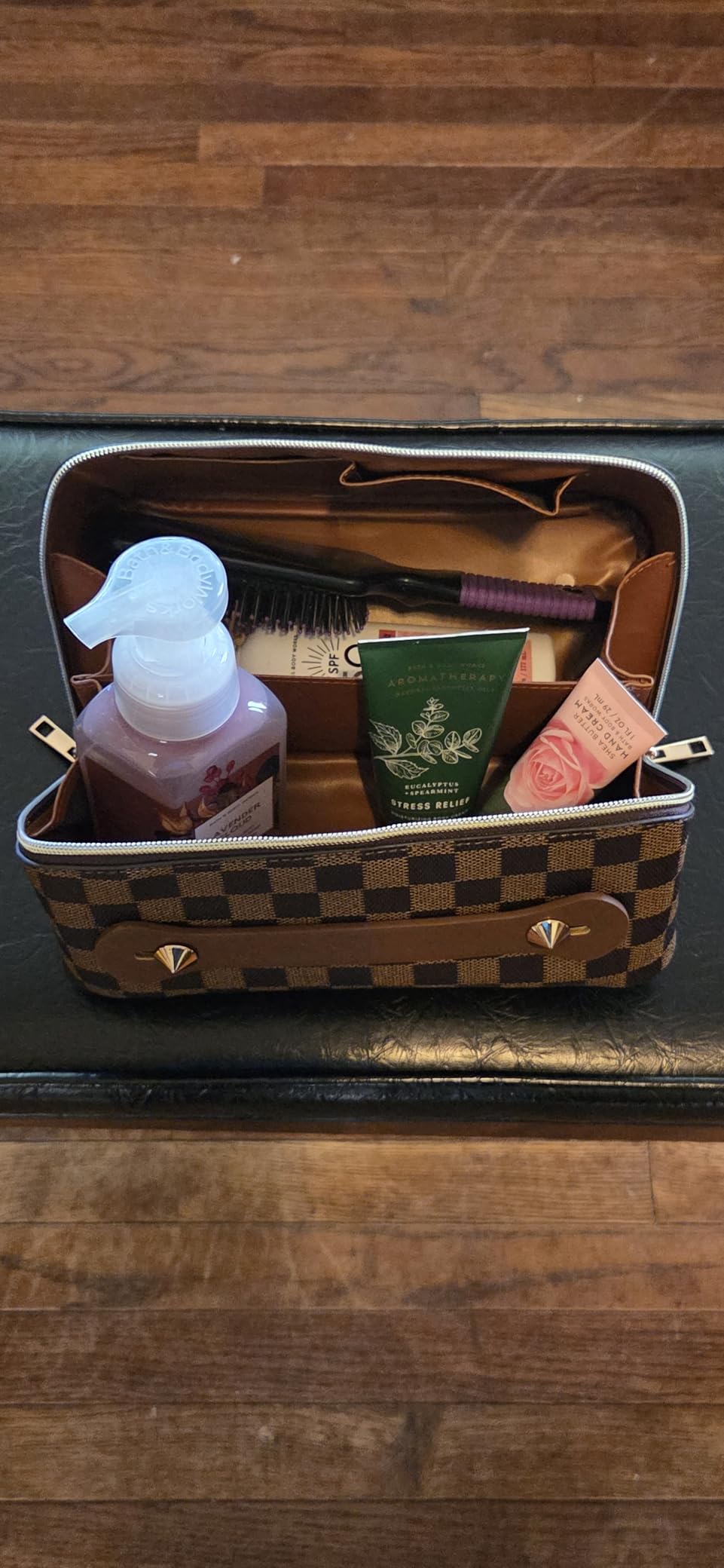 BAYANKALA Leather Travel Makeup Bag, Large Capacity Cosmetic Bag for Women, Waterproof Portable Pouch with Divider, Toiletry Organizer with Handle, 10.5x5x5 Inches, Deep Brown