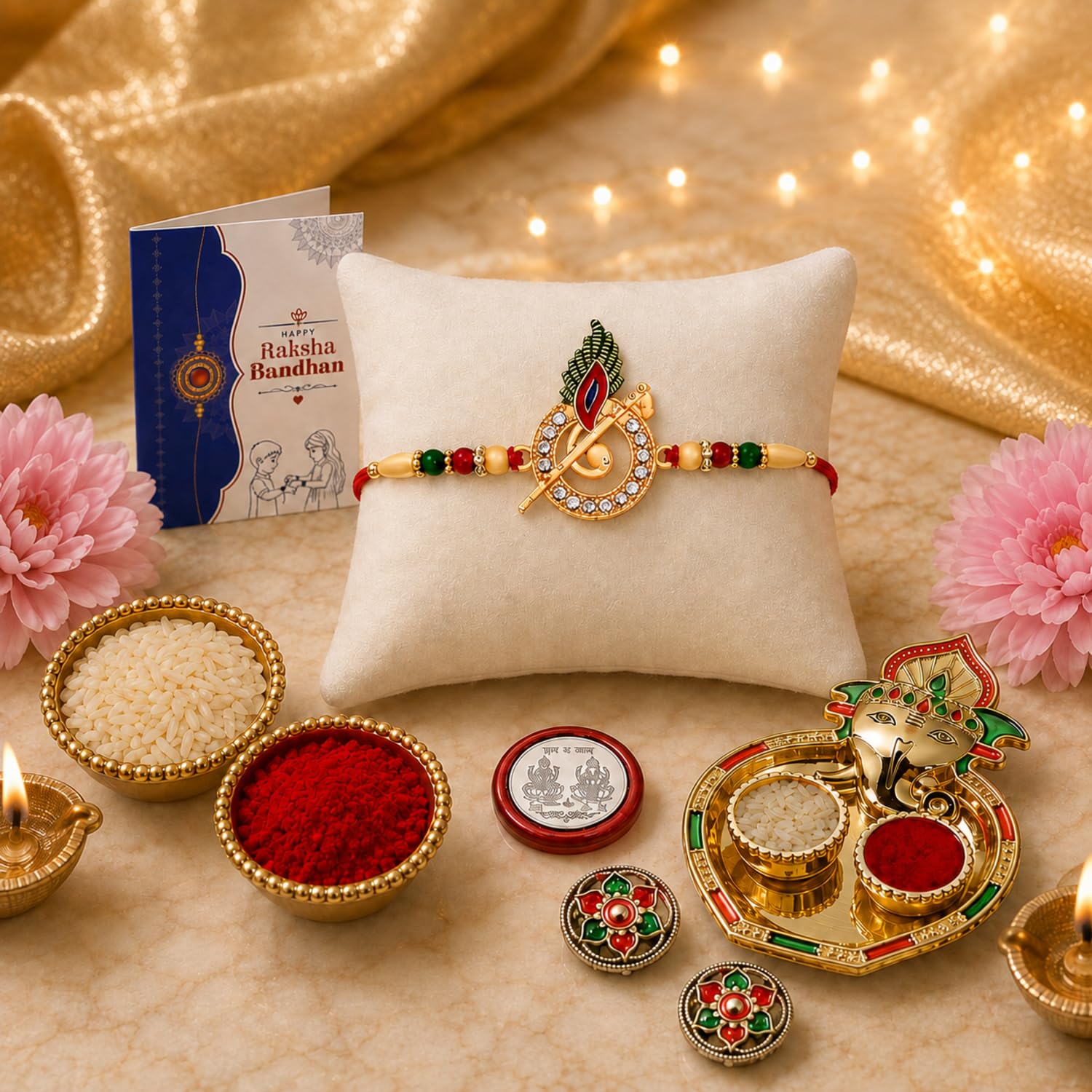 Rakhi Set with Flute & Peacock - Raksha Bandhan Gift -1