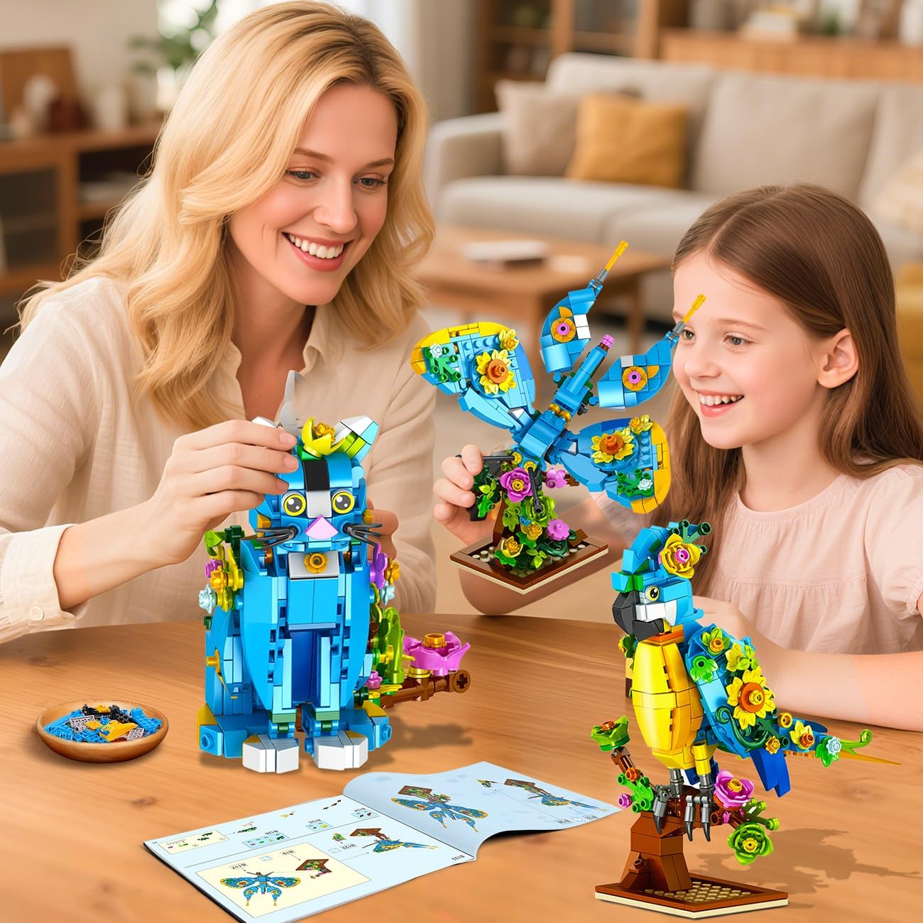PLAXSOON Flower Cat Building Set, 3 in 1 Floral Parrot Butterfly Animal Figure Building Toy for Home Office Art Decor, 412 PCS Building Block Gift for Adults Kids Boys Girls Ages 8 9 10 11 12+