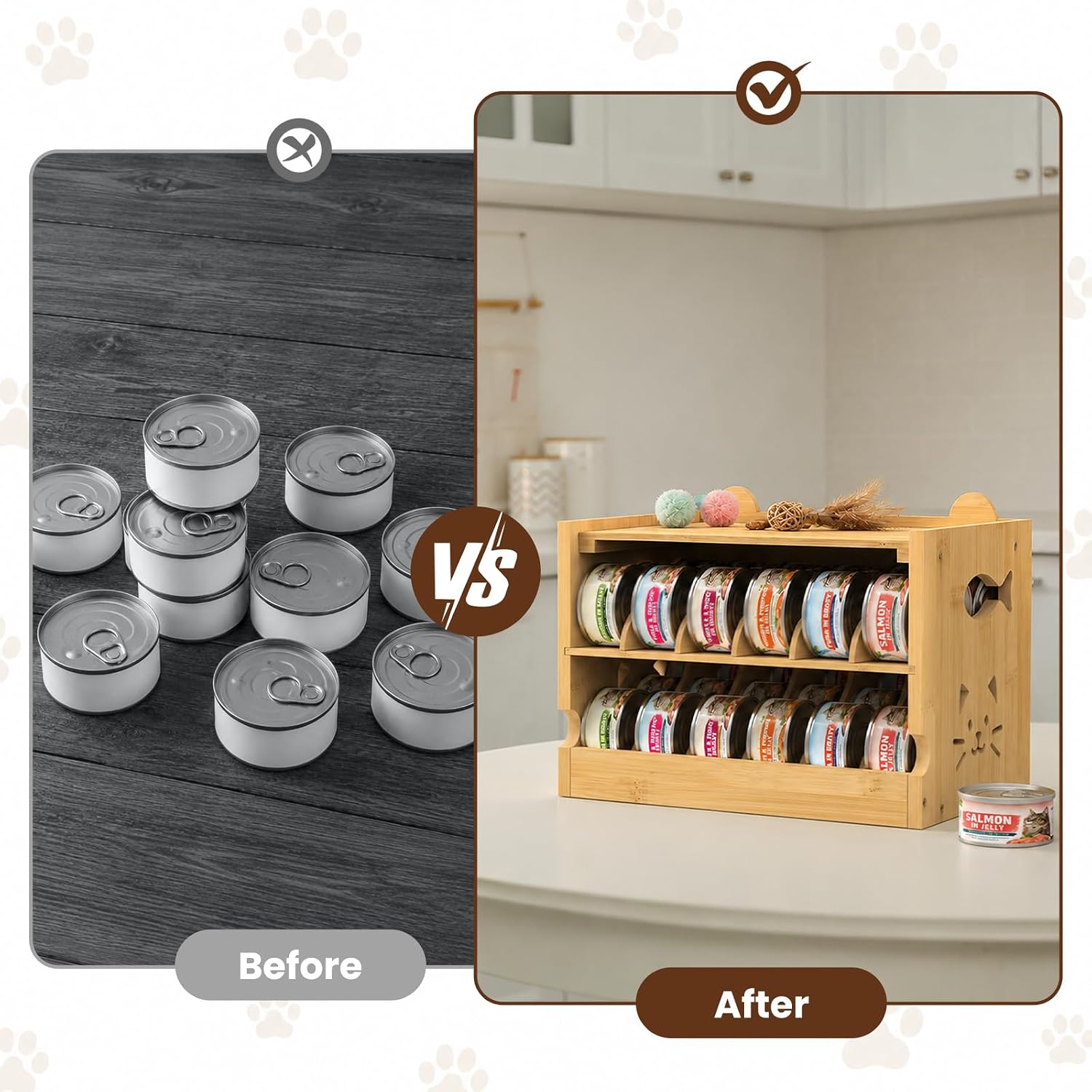 Cat Food Organizer Bamboo Adjustable Can Holder 36 (3oz) Cans | FIFO System, Efficient Storage, Easy Access, For Pet Feeding Area and Kitchen Cabinets