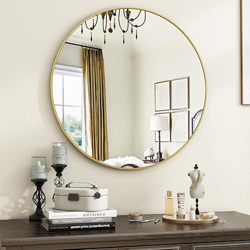VooBang Espejo redondo negro, espejo circular de 16 pulgadas, espejo de pared redondo con marco de metal simple, espejo redondo moderno para colgar
