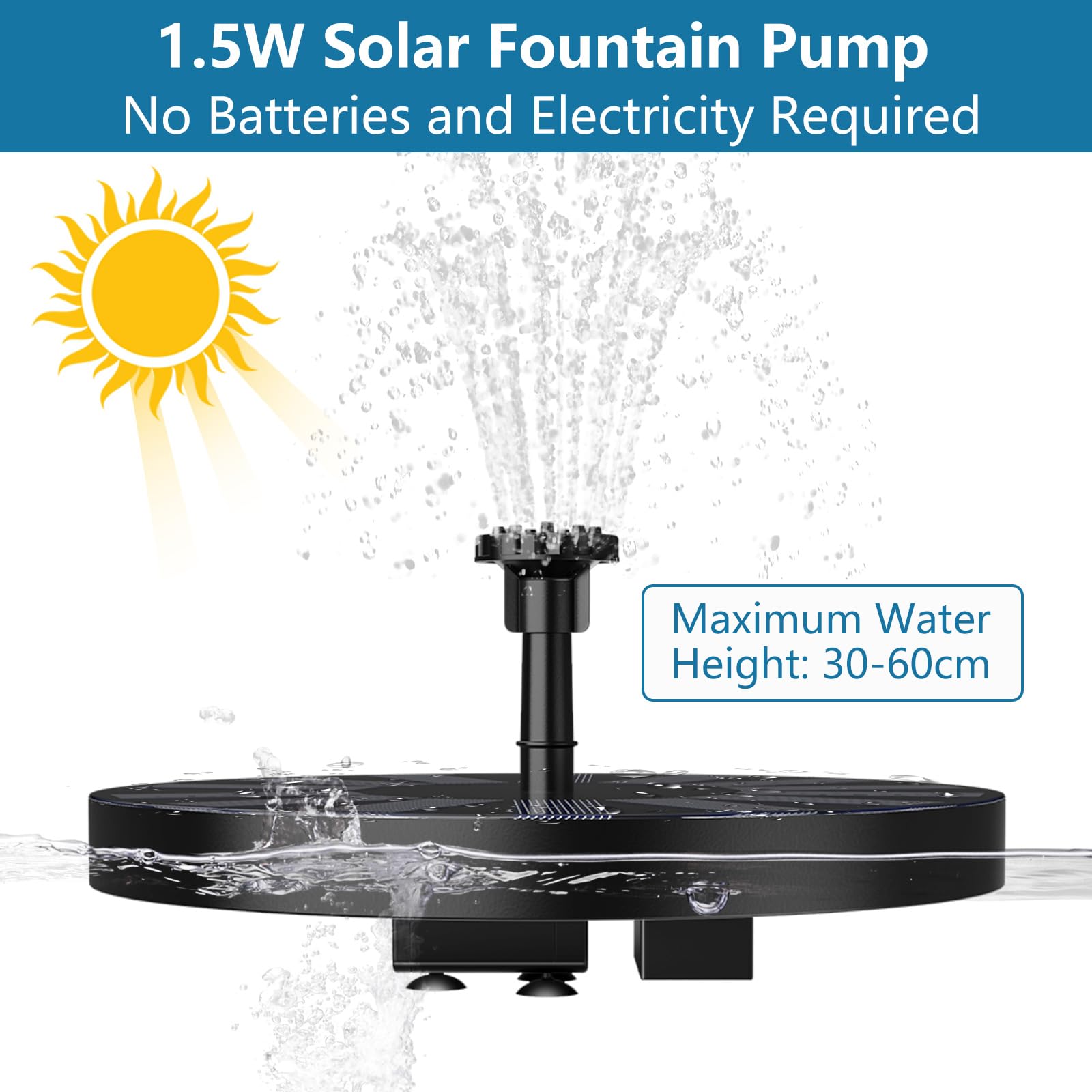 AMZtime Solar Fountain Pump 1.5W Bird Bath Fountain Solar Powered Water Fountain with 8 Nozzle Set & 4 Fixer, Solar Fountain Pump for Bird Bath, Garden, Pond, Pool - 5