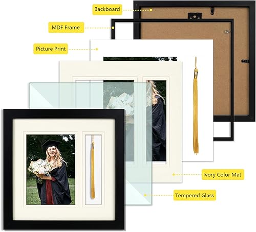 Miniatura 9 de Golden State Art, Marco negro de caja de sombra de 10 x 10 pulgadas, foto de 5 x 7 pulgadas, borla, tapete doble (marfil sobre marfil), cuadrado,