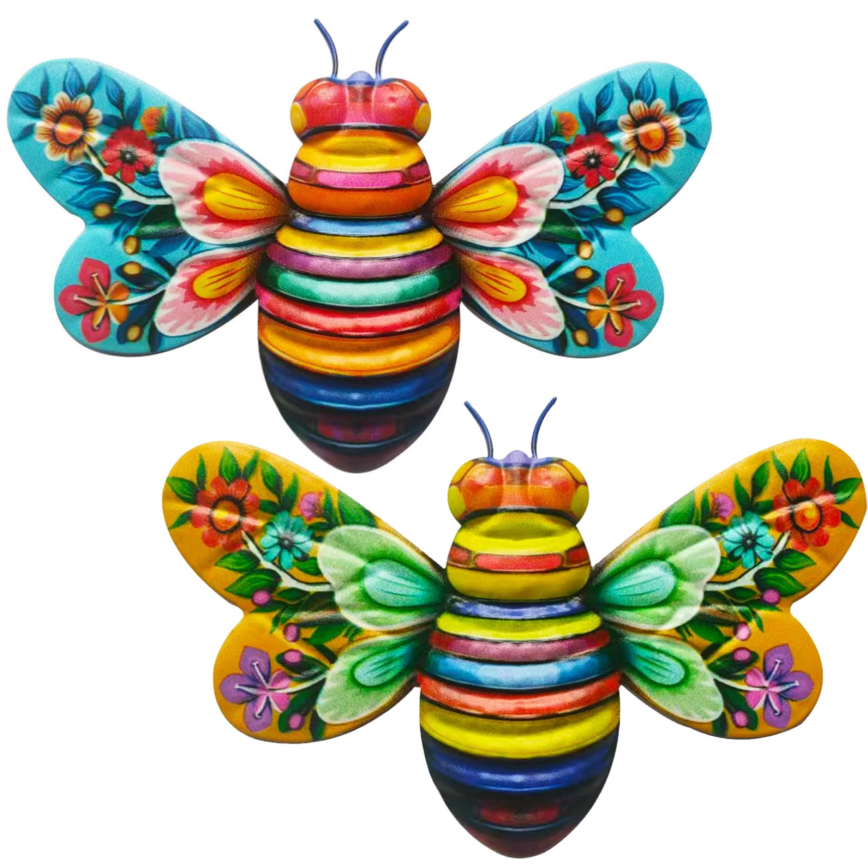 CAKEEYUM 2Pcs Bee Wall Decor 5x7.5 Inch Metal Outdoor Wall Decor Colorful Bee Art Sculpture Hanging Garden for Indoor Outdoor Garden Yard Lawn, Ga