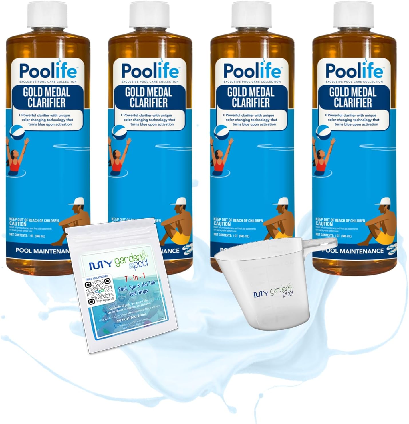 Poolife Gold Medal Clarifier – Super Concentrated Swimming Pool Water Clarifier with Color-Changing Formula – Includes My Garden Pool 7-in-1 Test Strips and Measuring Cup 4 Pack