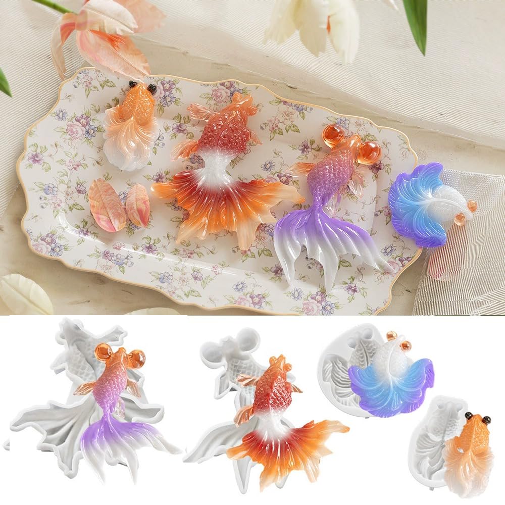 Evergarden シリコンモールド 金魚【大小4個セット】立体 夏休み 工作 自由工作 自由研究 レジン アクセサリー パーツ キーホルダー シャカシャカ シリコン モールド キャンドル アロマストーン 石膏 手作り 樹脂 粘土 シリコン型 型 キット ハンドメイド 鏡面 仕上げ