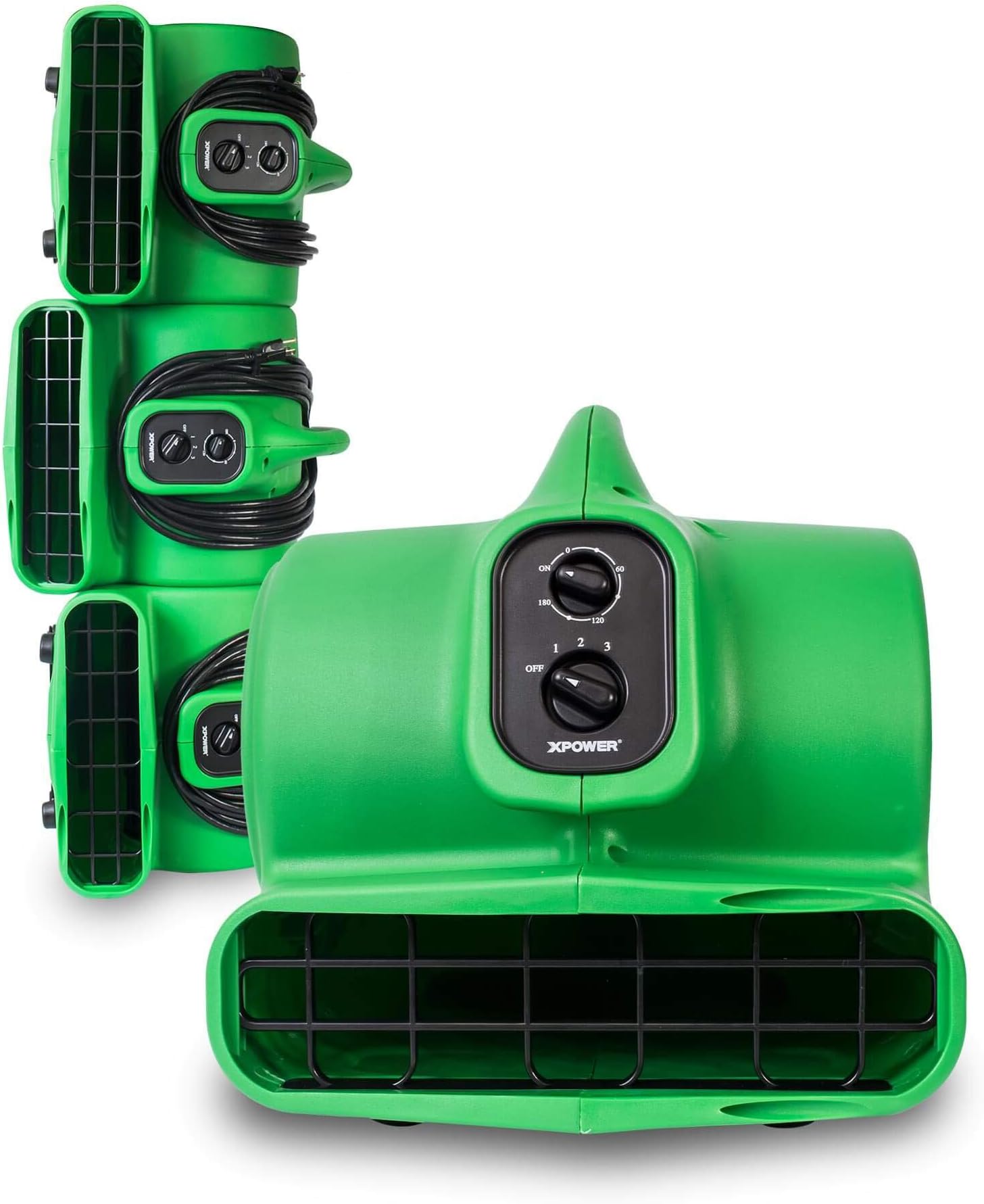 P-430AT Medium Sized Air Mover, Carpet Dryer, Floor Blower, and Utility Fan- Features a Timer & Built-in Power Outlets – Green (4 Fans)