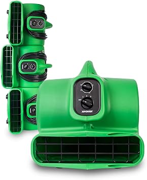 XPOWER P-430AT Medium Sized Air Mover, Carpet Dryer, Floor Blower, and Utility Fan- Features a Timer & Built-in Power Outlets Green 4 Fans